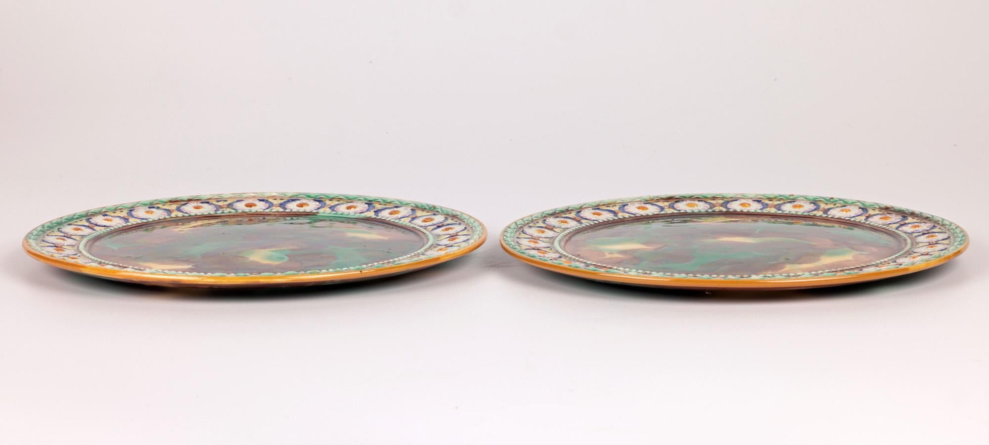 English Wedgwood Pair Floral Rimmed Majolica Pottery Plates For Sale