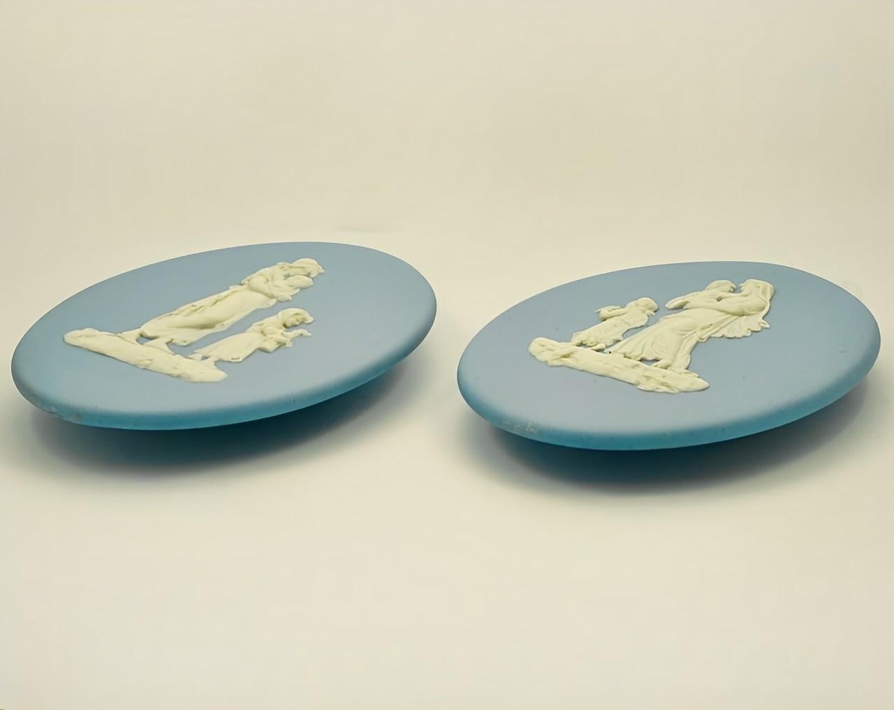Mid-20th Century Wedgwood Pair of Blue and White Jasperware Pram Plaques 1960s For Sale