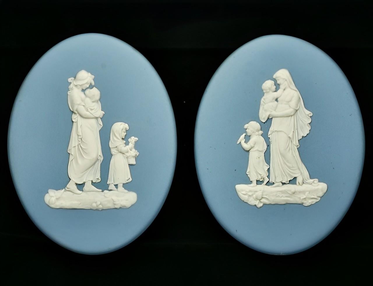 Porcelain Wedgwood Pair of Blue and White Jasperware Pram Plaques 1960s For Sale
