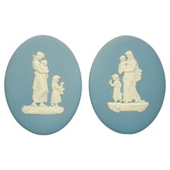 Retro Wedgwood Pair of Blue and White Jasperware Pram Plaques 1960s