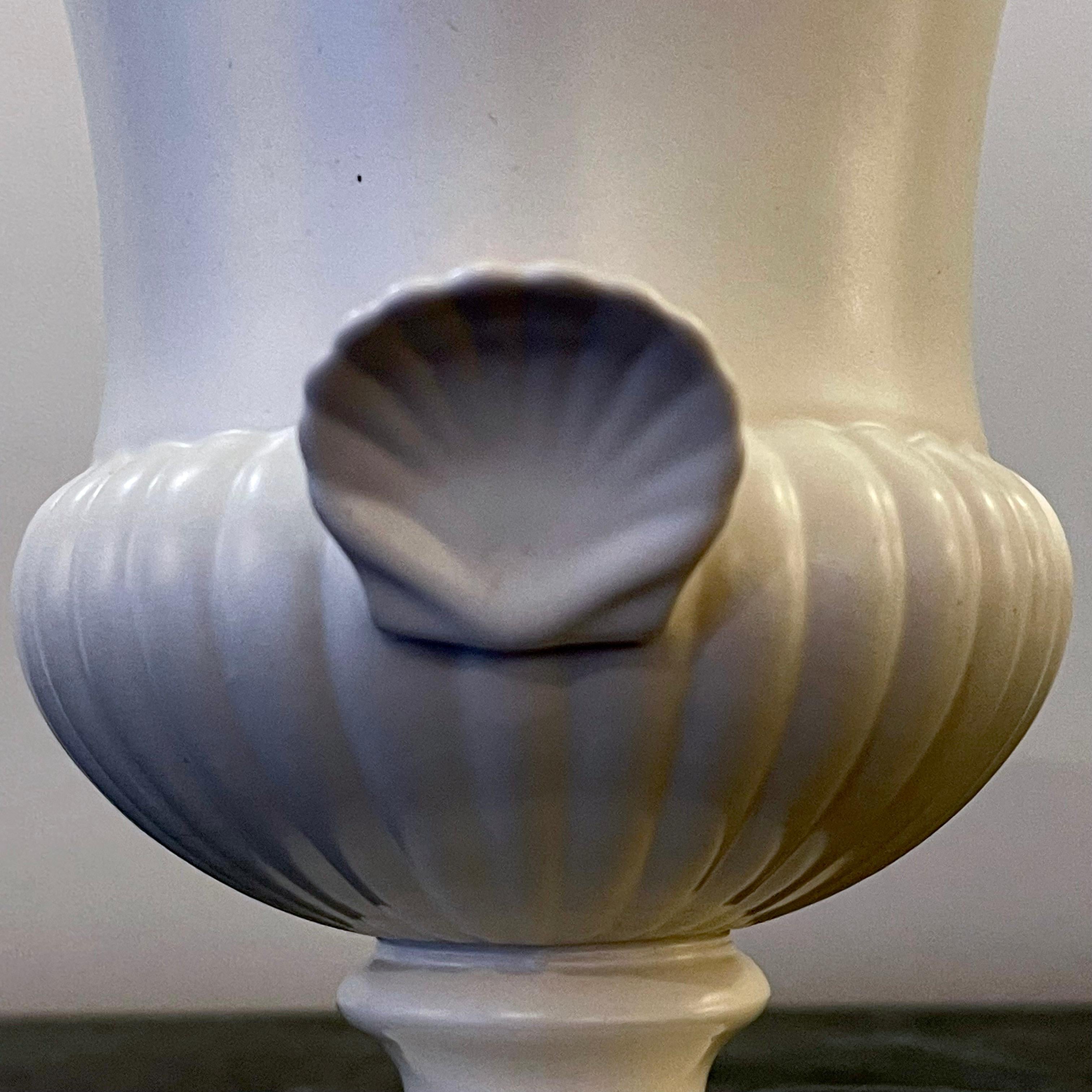 British Wedgwood Pair of Pedestal Medici form Shell Twin Handled Urn Vases