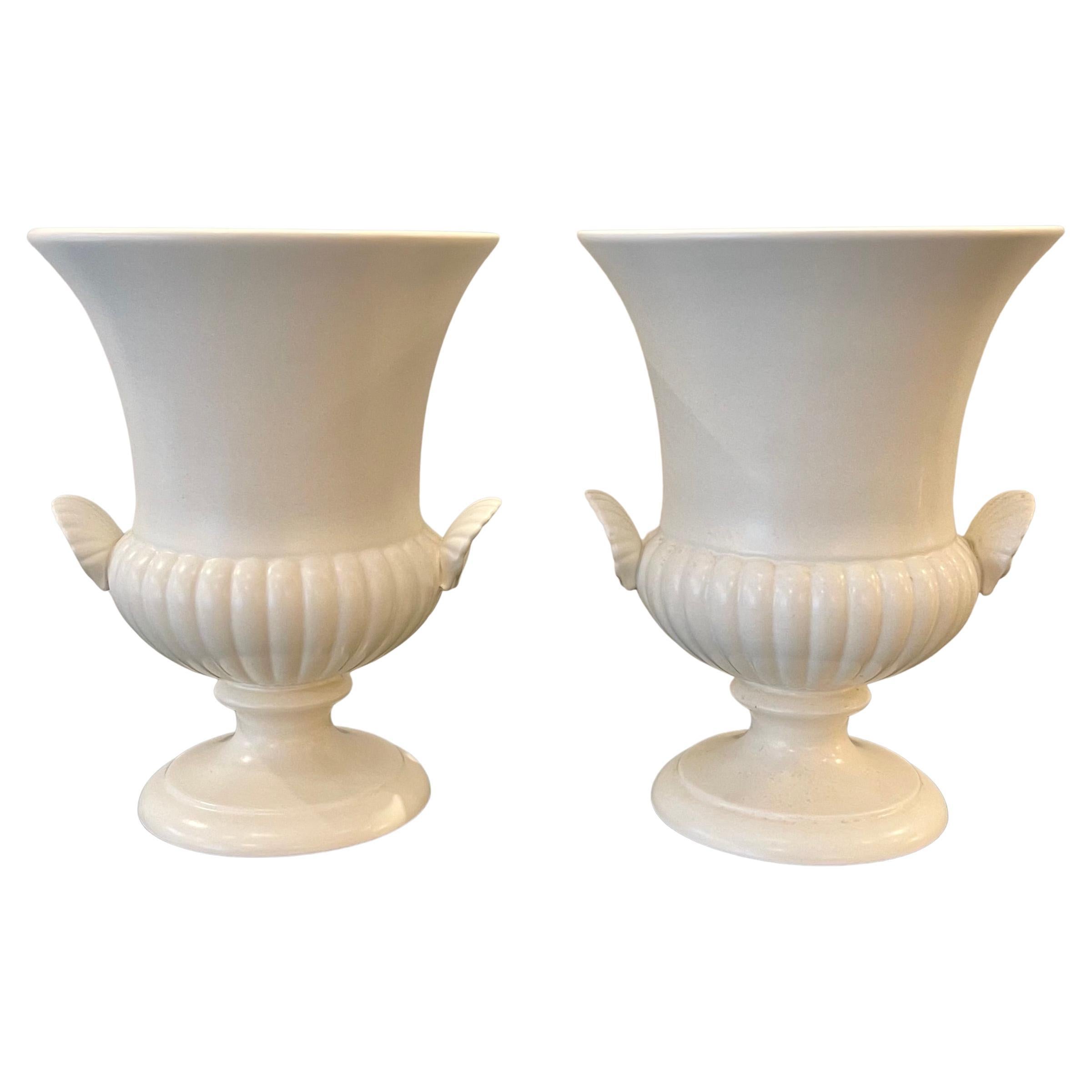 Wedgwood Pair of Pedestal Medici form Shell Twin Handled Urn Vases For Sale