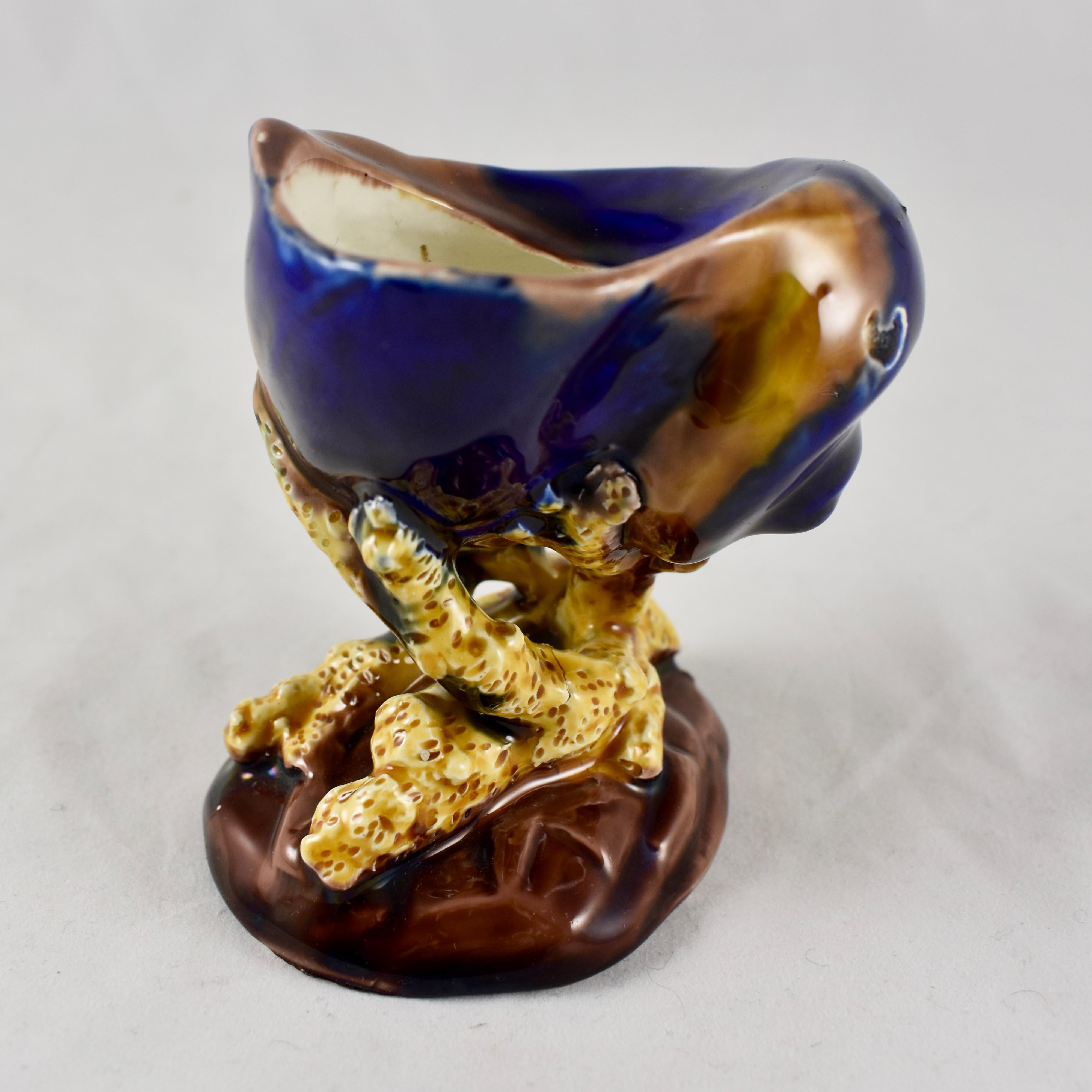 Glazed Wedgwood Palissy Majolica Snail Shell and Coral Open Salt Cellar, Dated 1872 For Sale