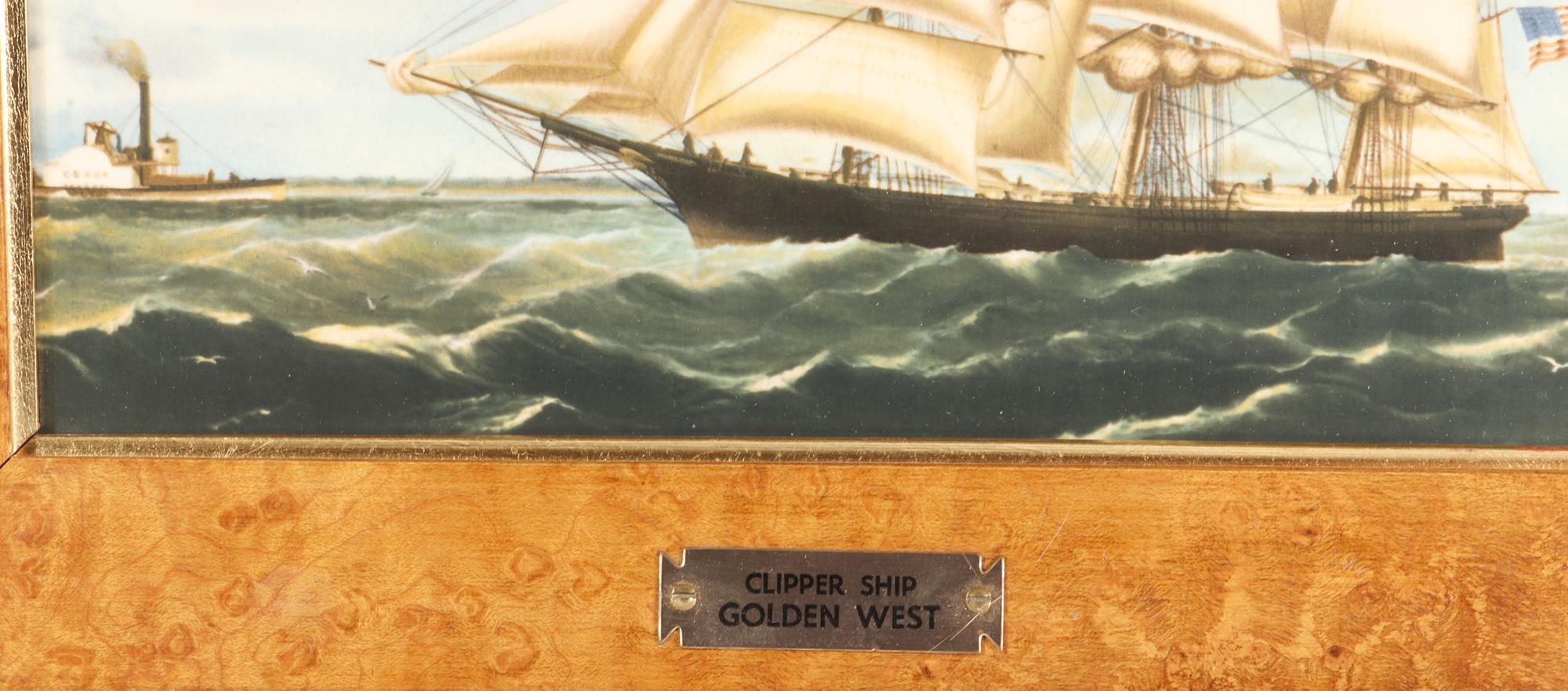 Wedgwood Porcelain Paintd Plaque of the clipper ship, 
Golden West,
1976-1981

The Wedgwood porcelain plaque is painted with a portside view of The clipper ship The Golden West within an original maple veneered wood frame. In the background is