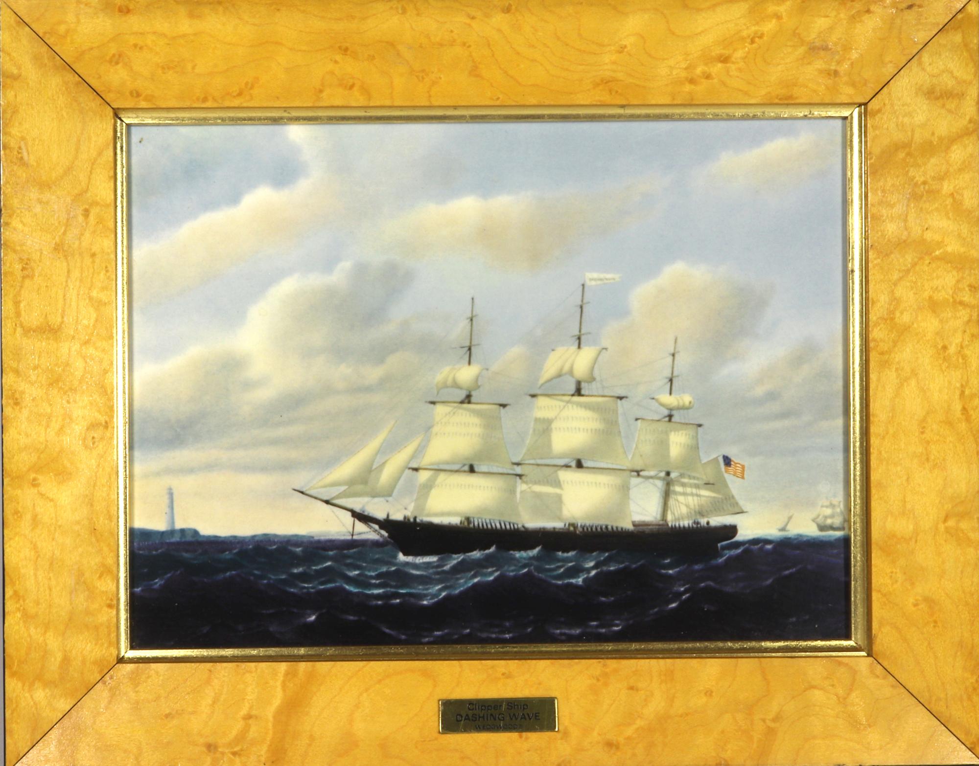 Wedgwood Porcelain plaques of ships 
The Great Republic and The Dashing Wave
1976-1981

The pair of Wedgwood porcelain painted plaques each depict one of the ships The Great Republic and The Dashing Wave Clipper Ships all within a light wood