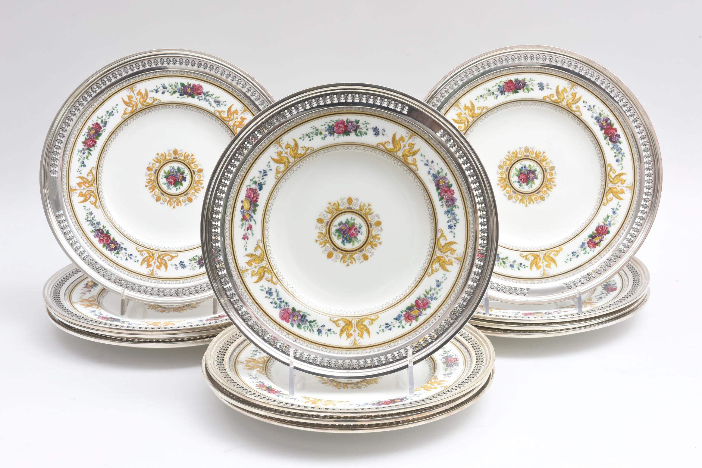 Hand-Crafted Wedgwood Porcelain & Sterling Silver Dessert Service, 12 Plates & 1 Pastry Plate
