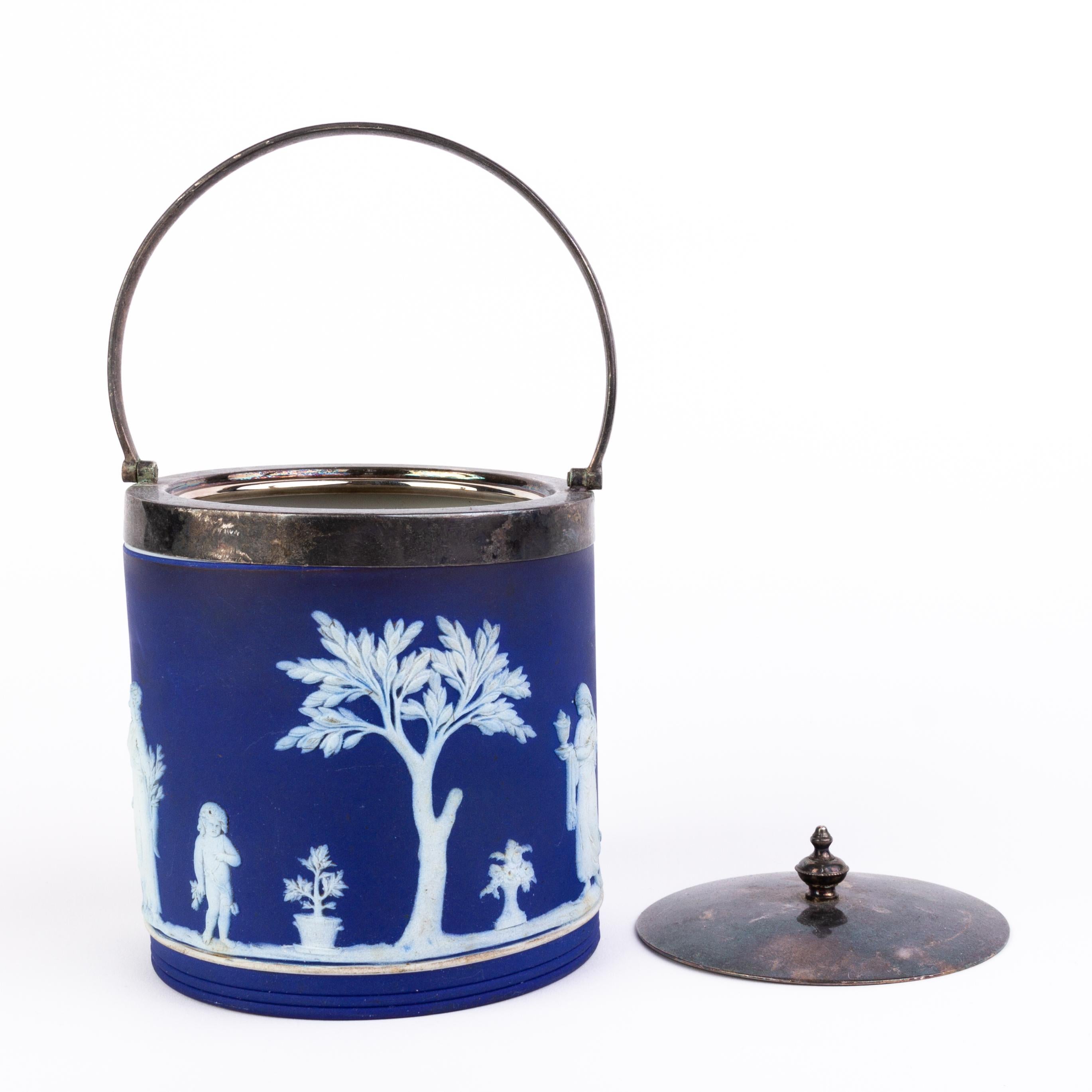 Porcelain Wedgwood Portland Blue Jasperware Neoclassical Biscuit Barrel   For Sale