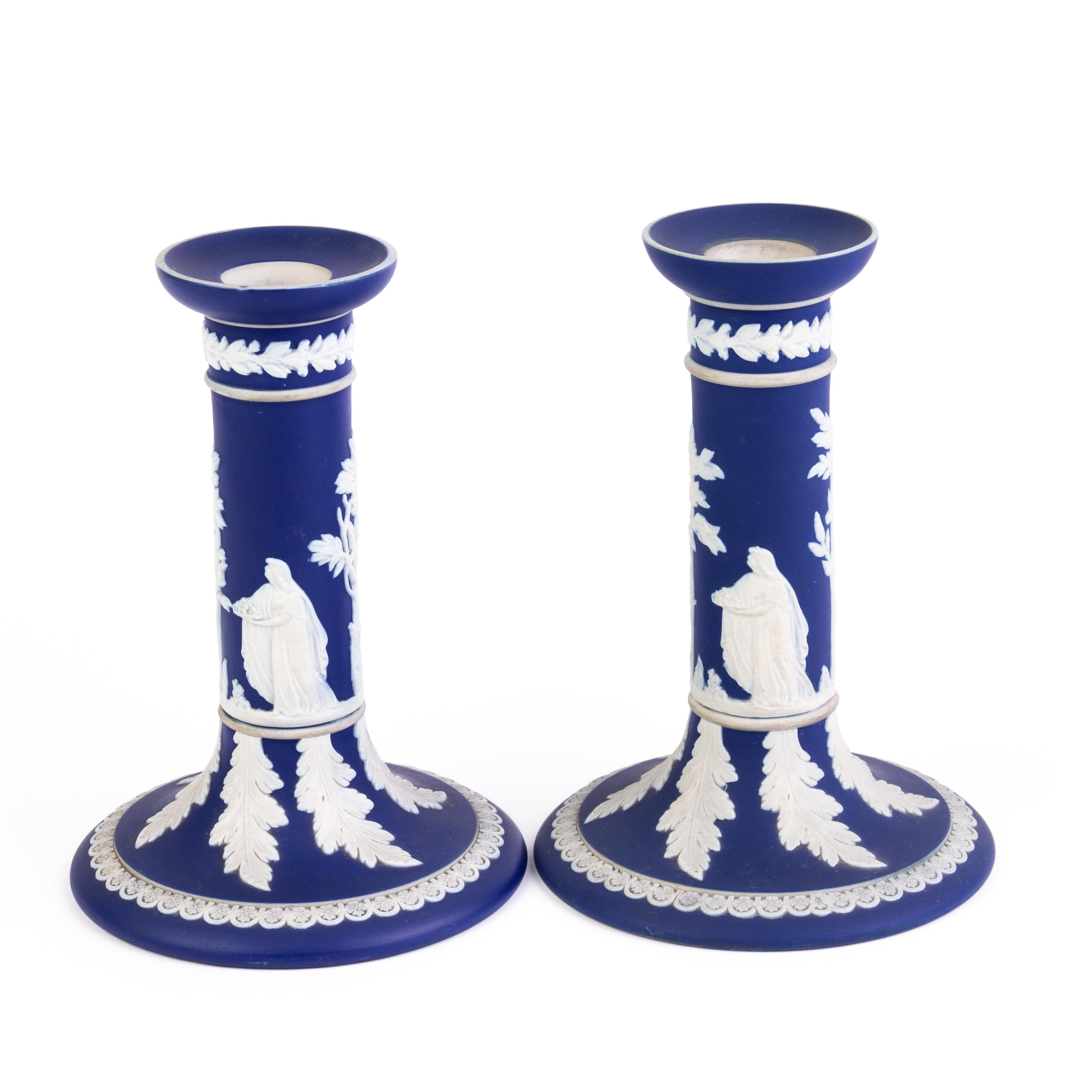 Wedgwood Portland Blue Jasperware Neoclassical Cameo Candlesticks For Sale