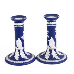 Wedgwood Portland Blue Jasperware Neoclassical Cameo Candlesticks