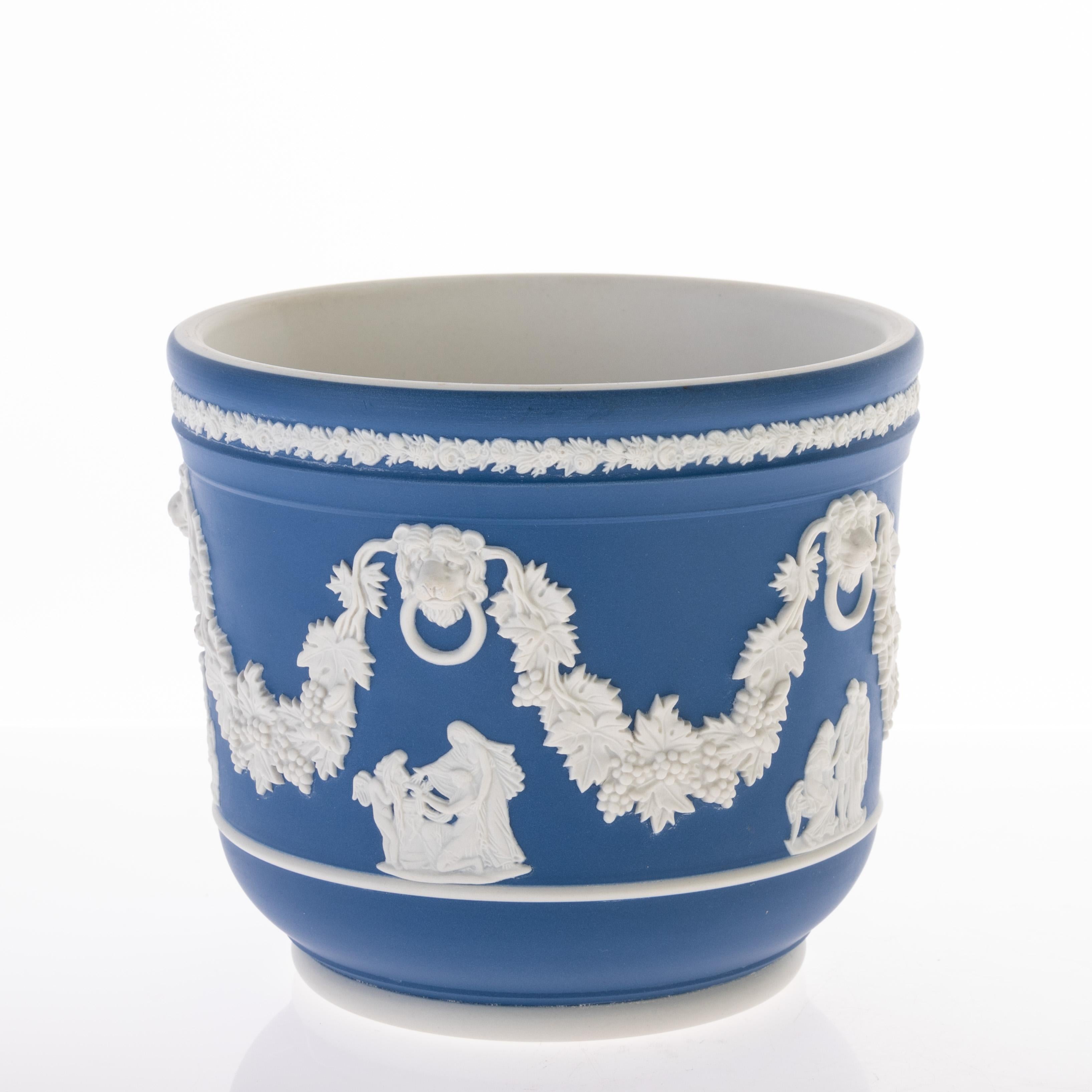 20th Century Wedgwood Portland Blue Neoclassical Jasper Jardiniere Cameo Planter Vase