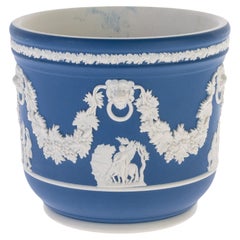 Vintage Wedgwood Portland Blue Neoclassical Jasper Jardiniere Cameo Planter Vase