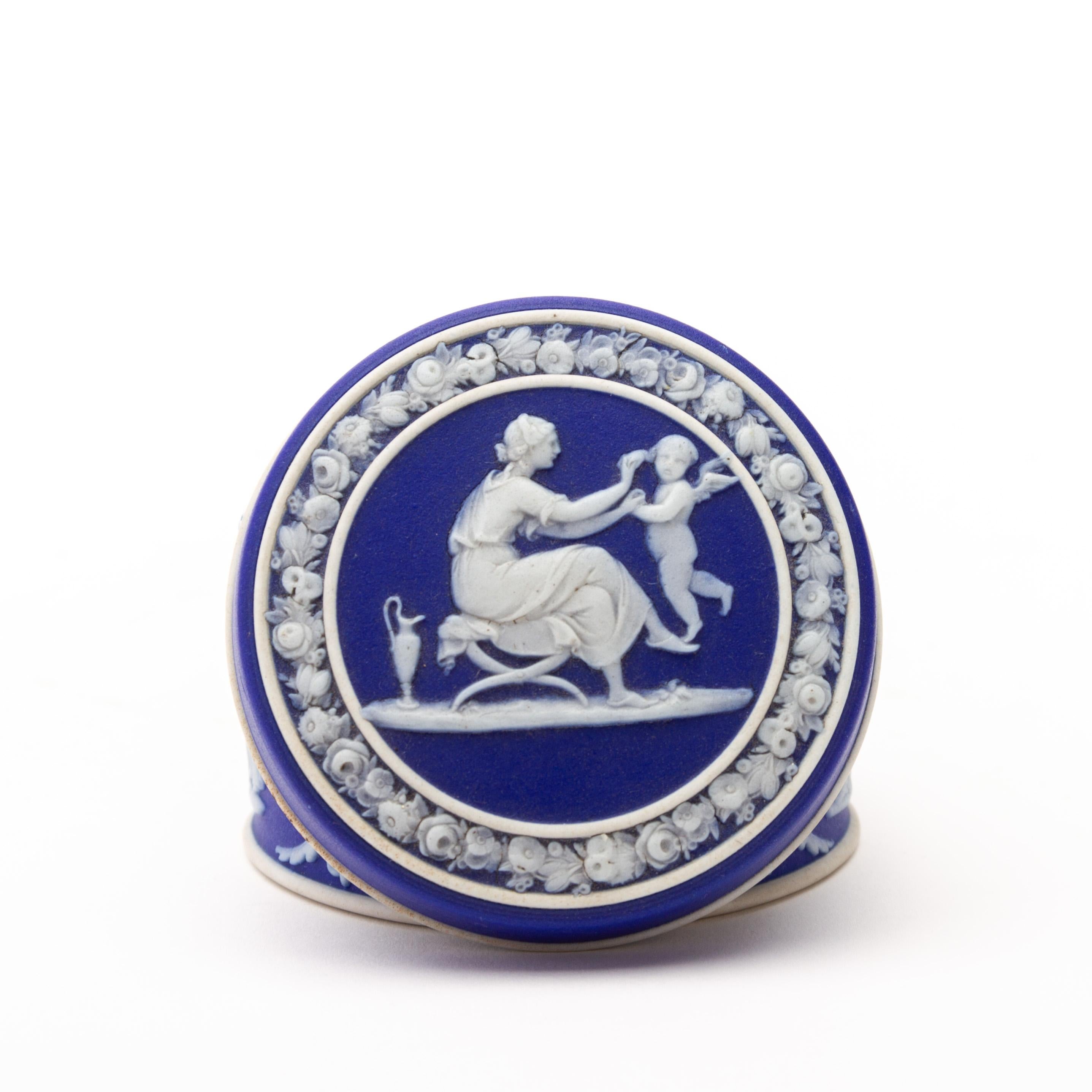 Porcelain Wedgwood Portland Blue Neoclassical Lidded Cameo Trinket Box  For Sale