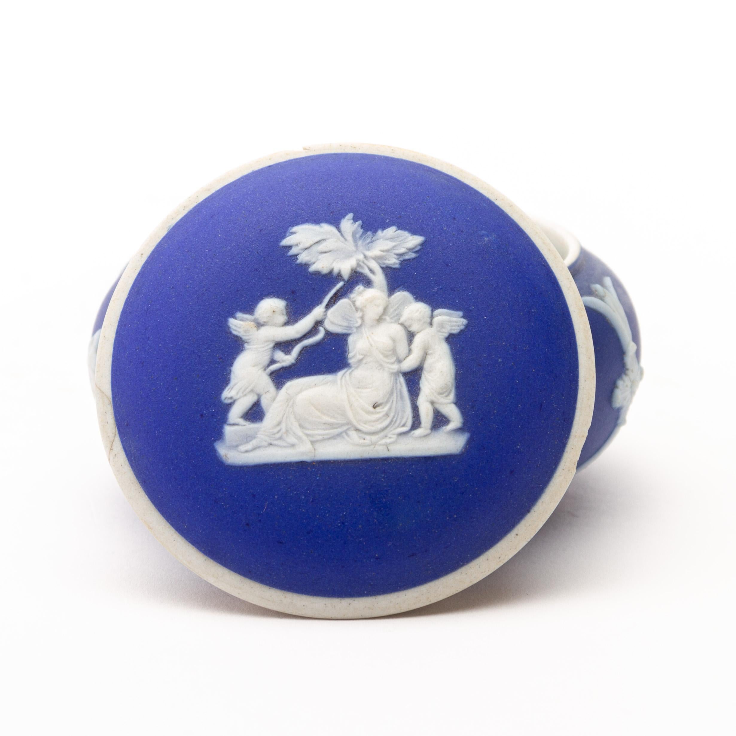 Porcelain Wedgwood Portland Blue Neoclassical Lidded Cameo Trinket Box  For Sale