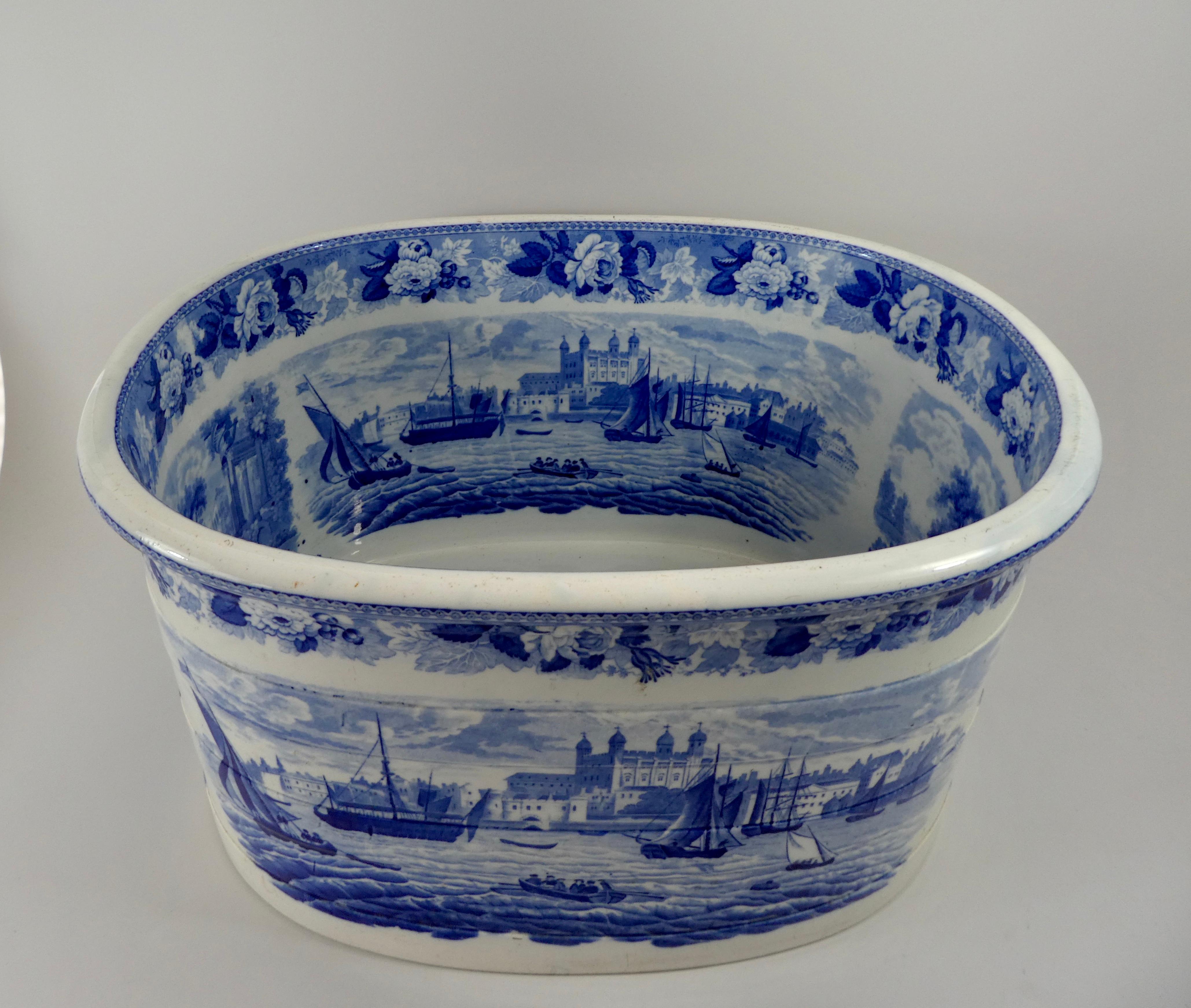 Georgian Wedgwood Pottery Foot Bath. ‘Tower of London from the Thames’, circa 1820