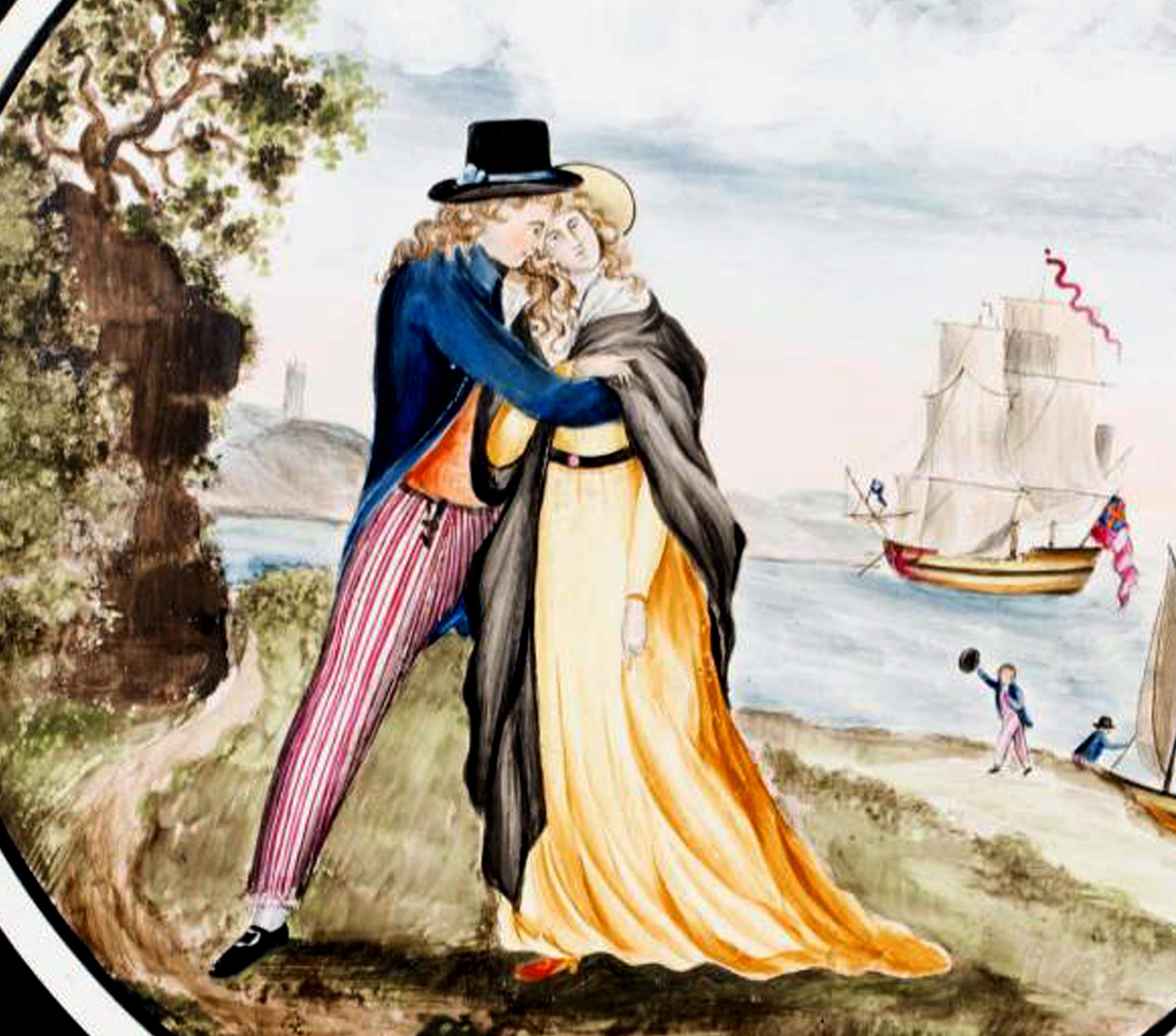 Wedgwood pottery large painted plaque,
The Sailor's Farewell,
circa 1820.

The large polychrome circular painted plaque depicts a scene known as 