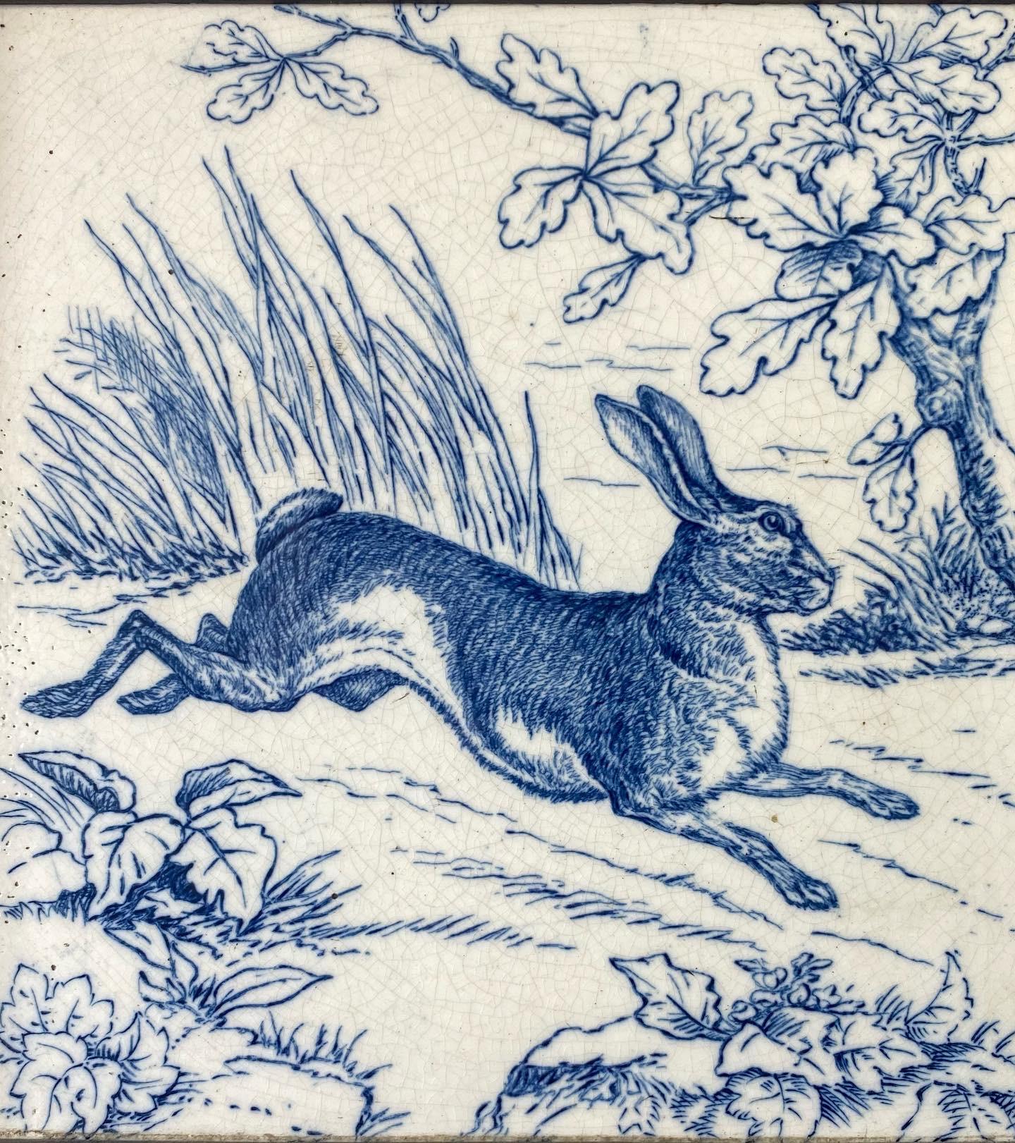Wedgwood pottery Hunting tile, c. 1875. Printed in underglaze blue, with a scene of a Hare running through a field.
Framed in original oak frame.
Marked to the reverse ‘JOSIAH WEDGWOOD & SONS, ETRURIA’
Dimensions of tile – 19 cm, 7 1/2”