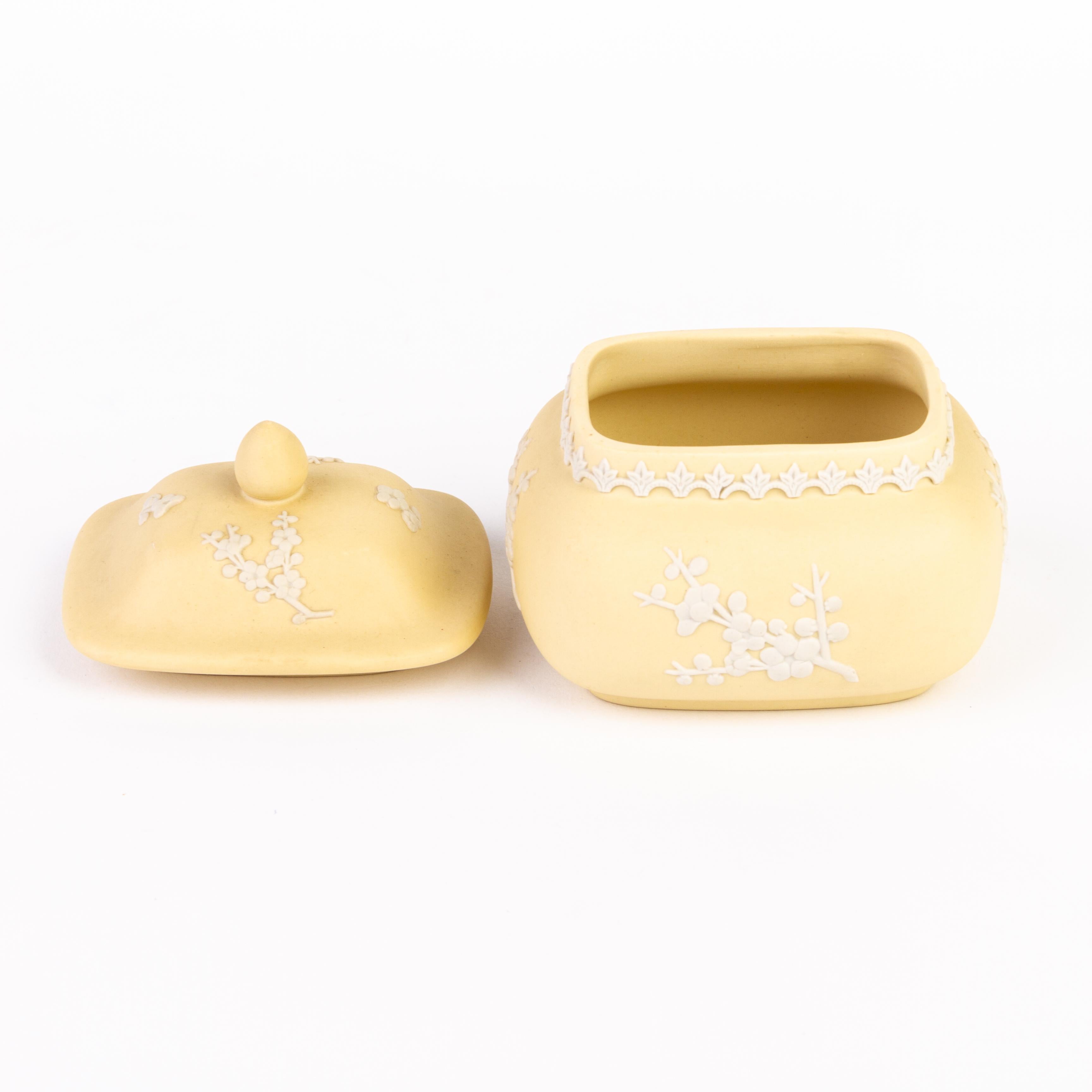 Porcelain Wedgwood Primrose Yellow Jasperware Prunus Lidded Box  For Sale