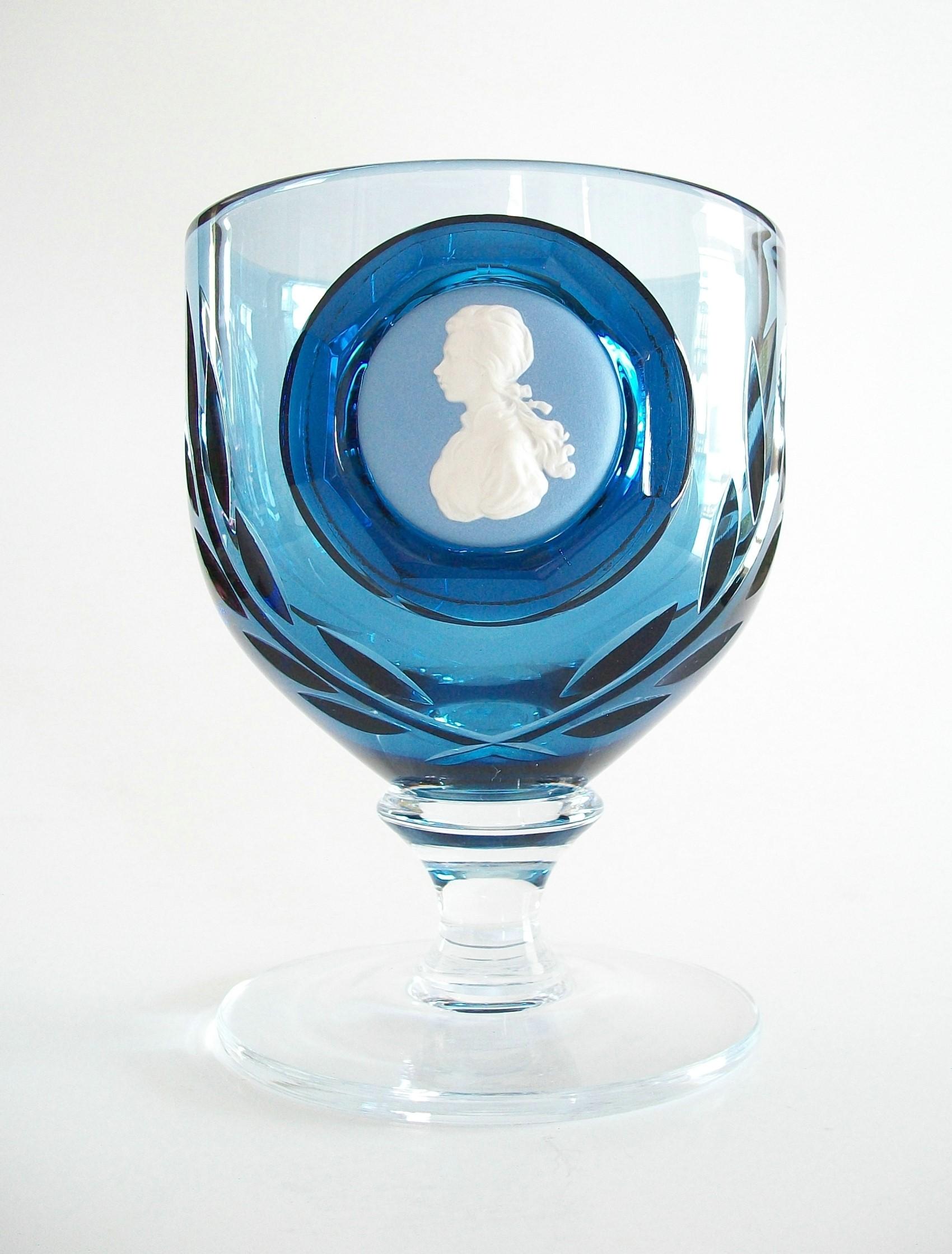 Wedgwood - Neoclassical style 'Princess Anne' wedding commemorative lead crystal goblet with blue jasperware medallion and etched/wheel cut laurel leaves - blue crystal bowl with clear stem and base - number 448 etched on the base - signed on the