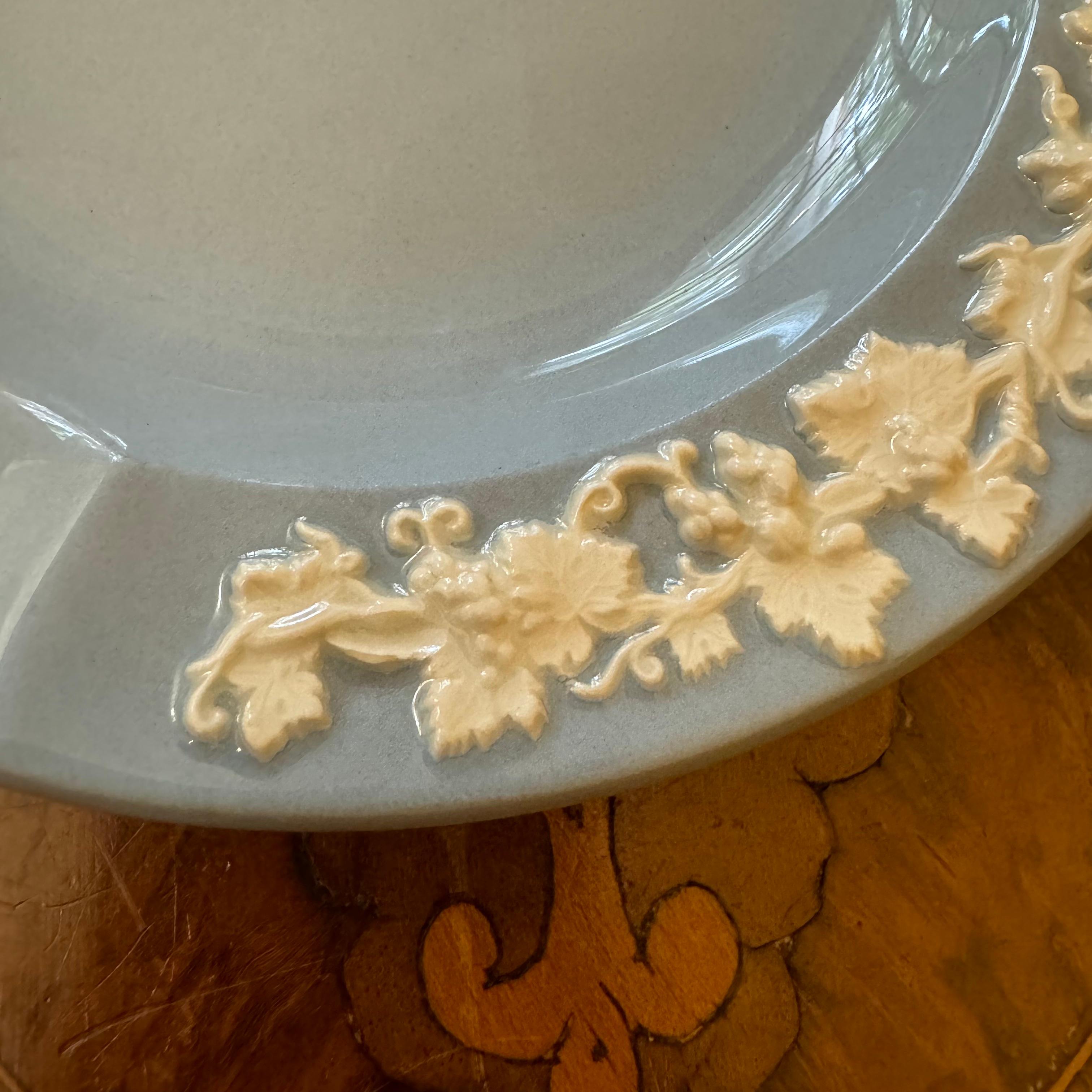 Porcelain Wedgwood Queens Ware Blue Embossed Cream Ashtray For Sale