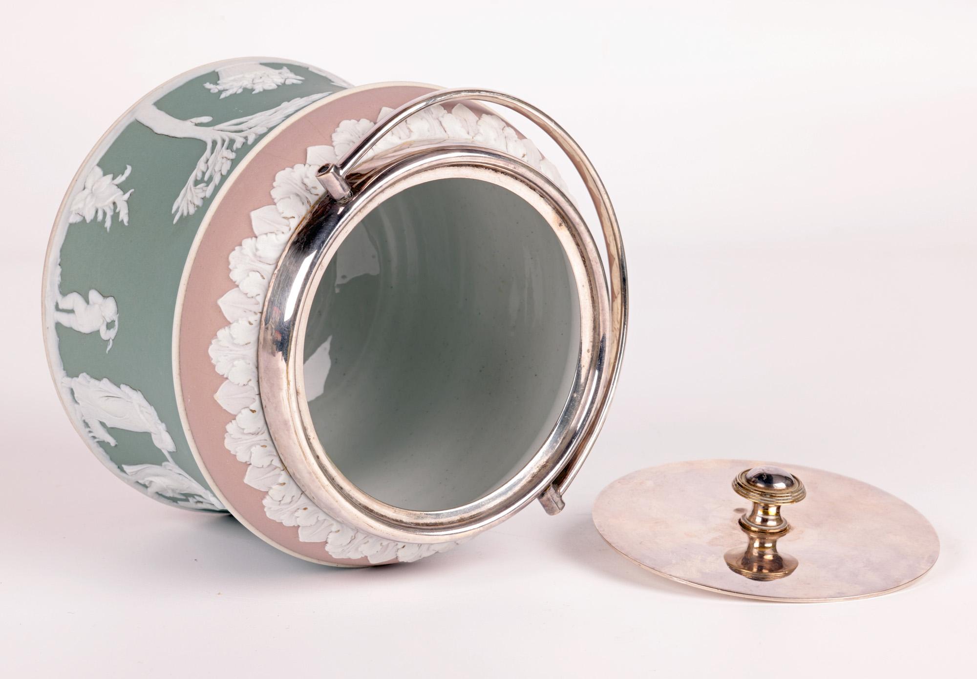 Wedgwood Rare Tri-Color Silver Plate Mounted Jasperware Biscuit Jar  In Good Condition In Bishop's Stortford, Hertfordshire