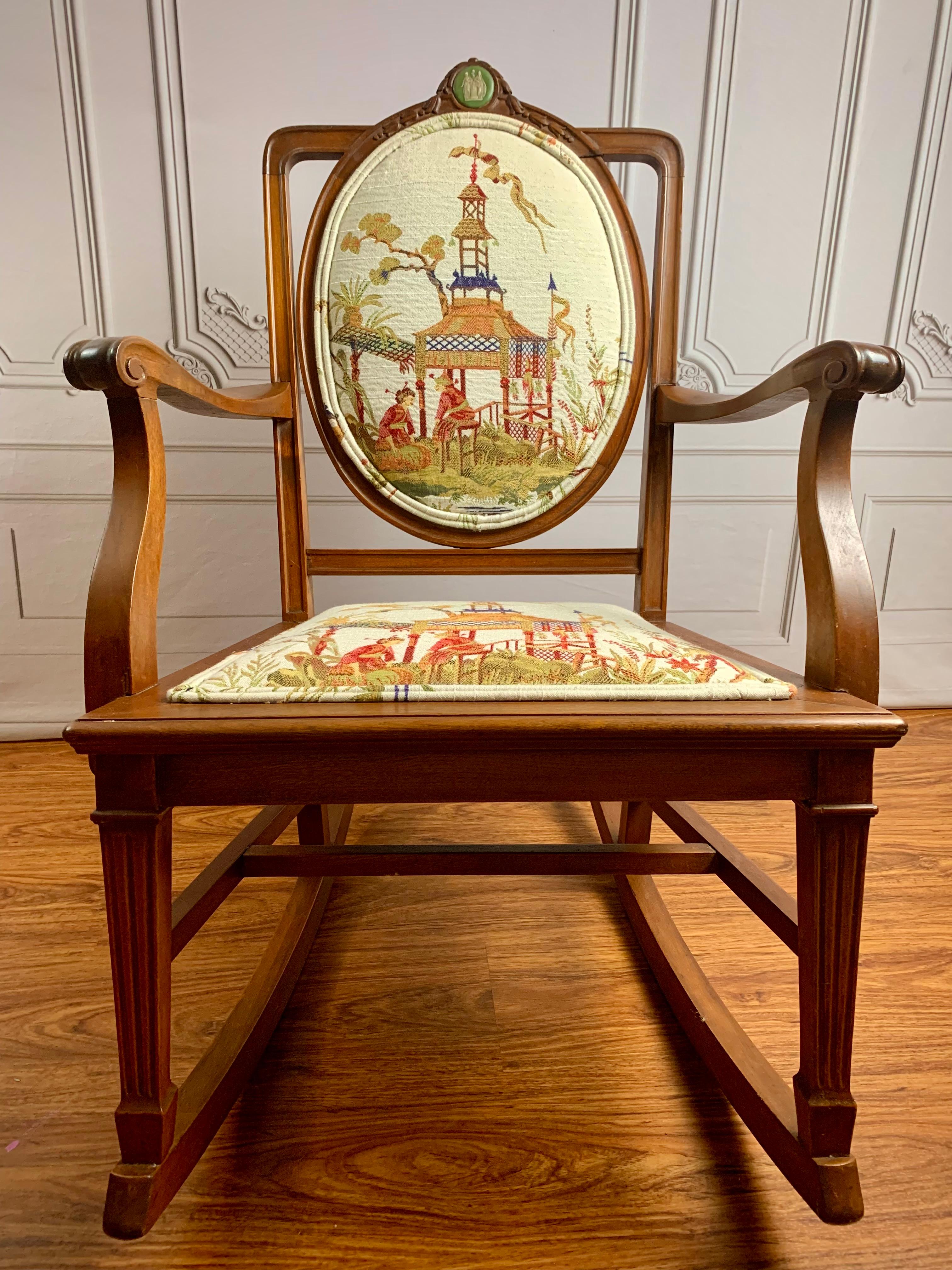 Antique English Chinoiserie Upholstered Rocking Chair w/ Wedgwood Medallion For Sale 5