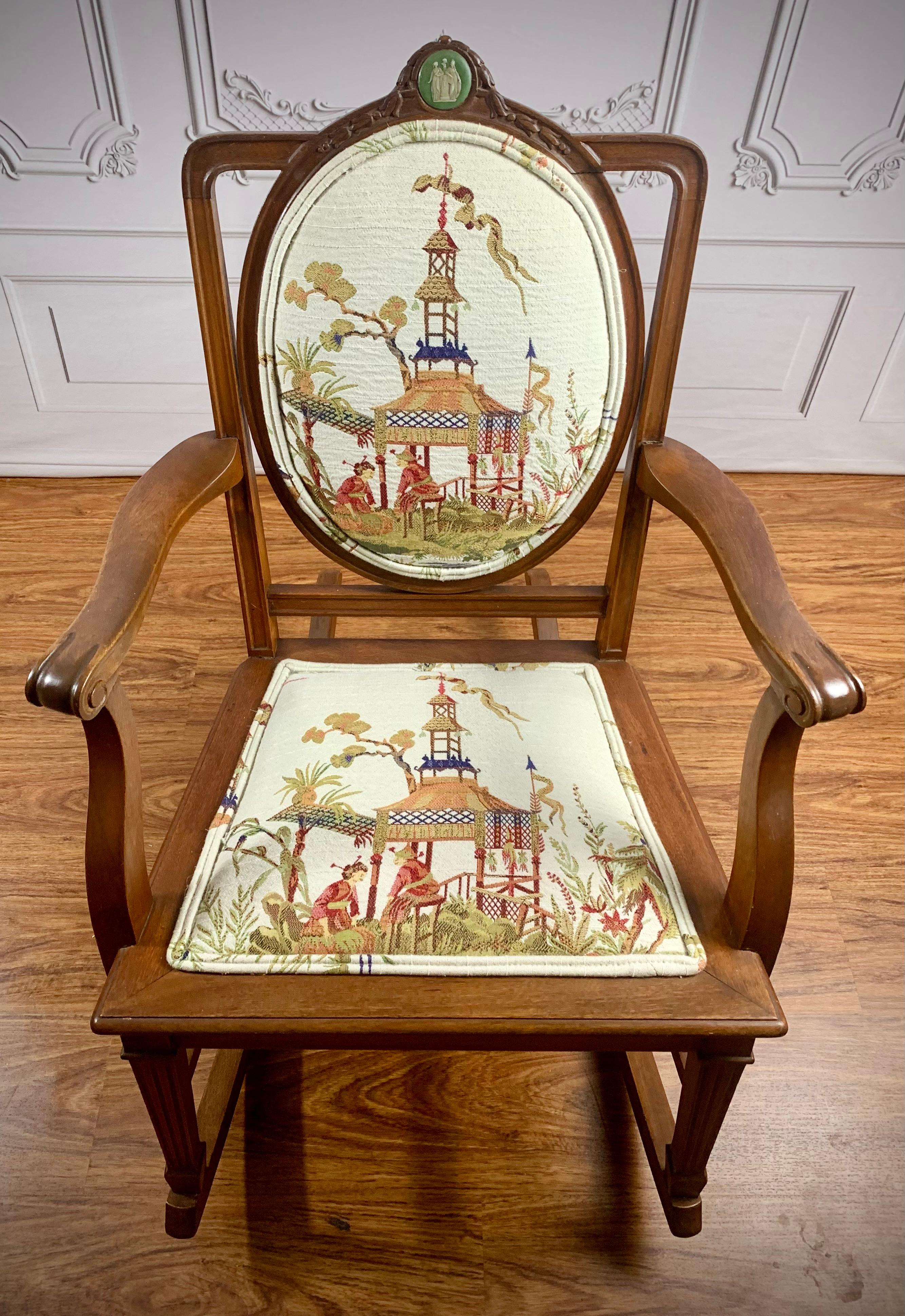 Regency Antique English Chinoiserie Upholstered Rocking Chair w/ Wedgwood Medallion For Sale