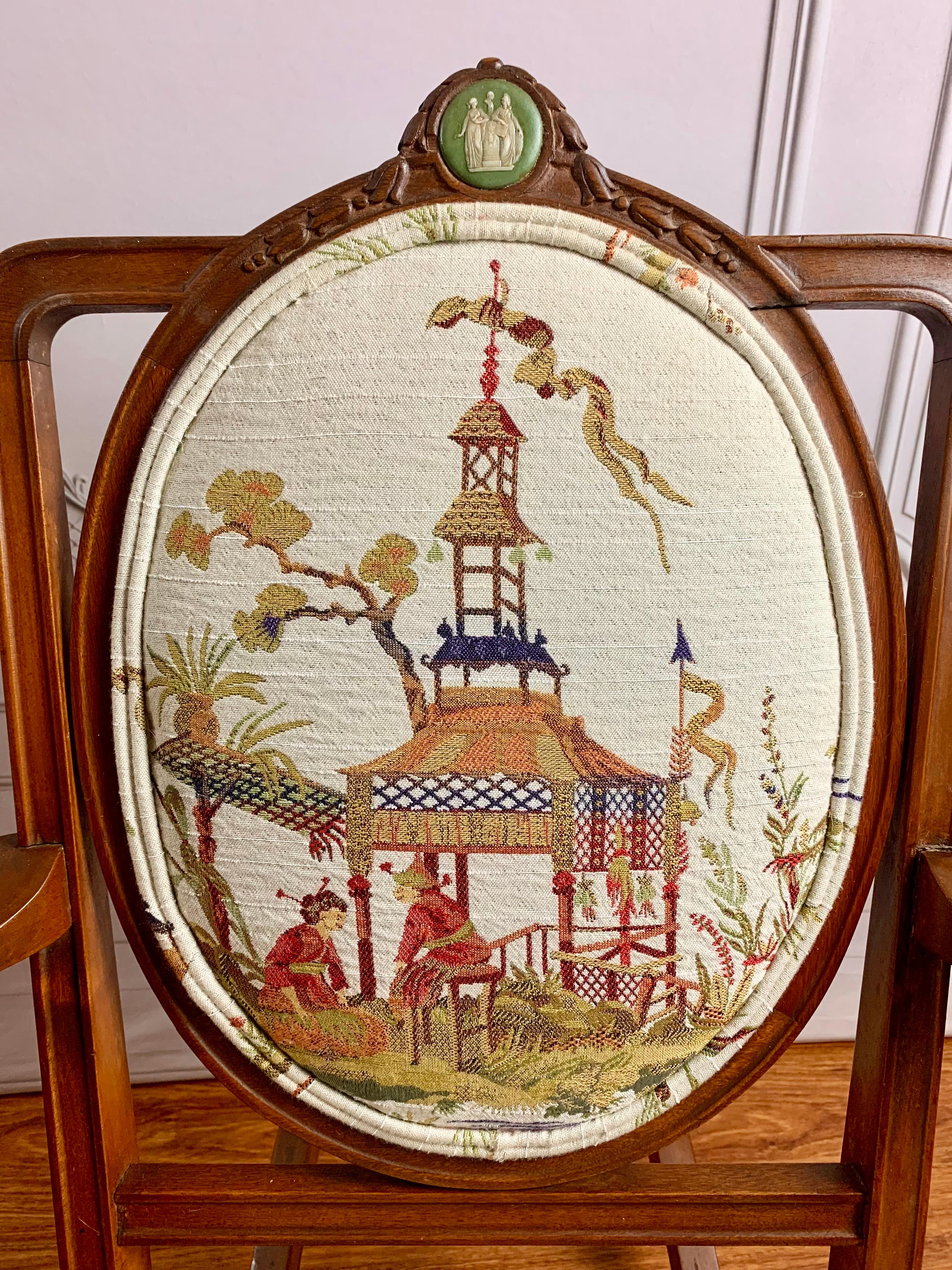 Antique English Chinoiserie Upholstered Rocking Chair w/ Wedgwood Medallion In Good Condition For Sale In Middletown, MD