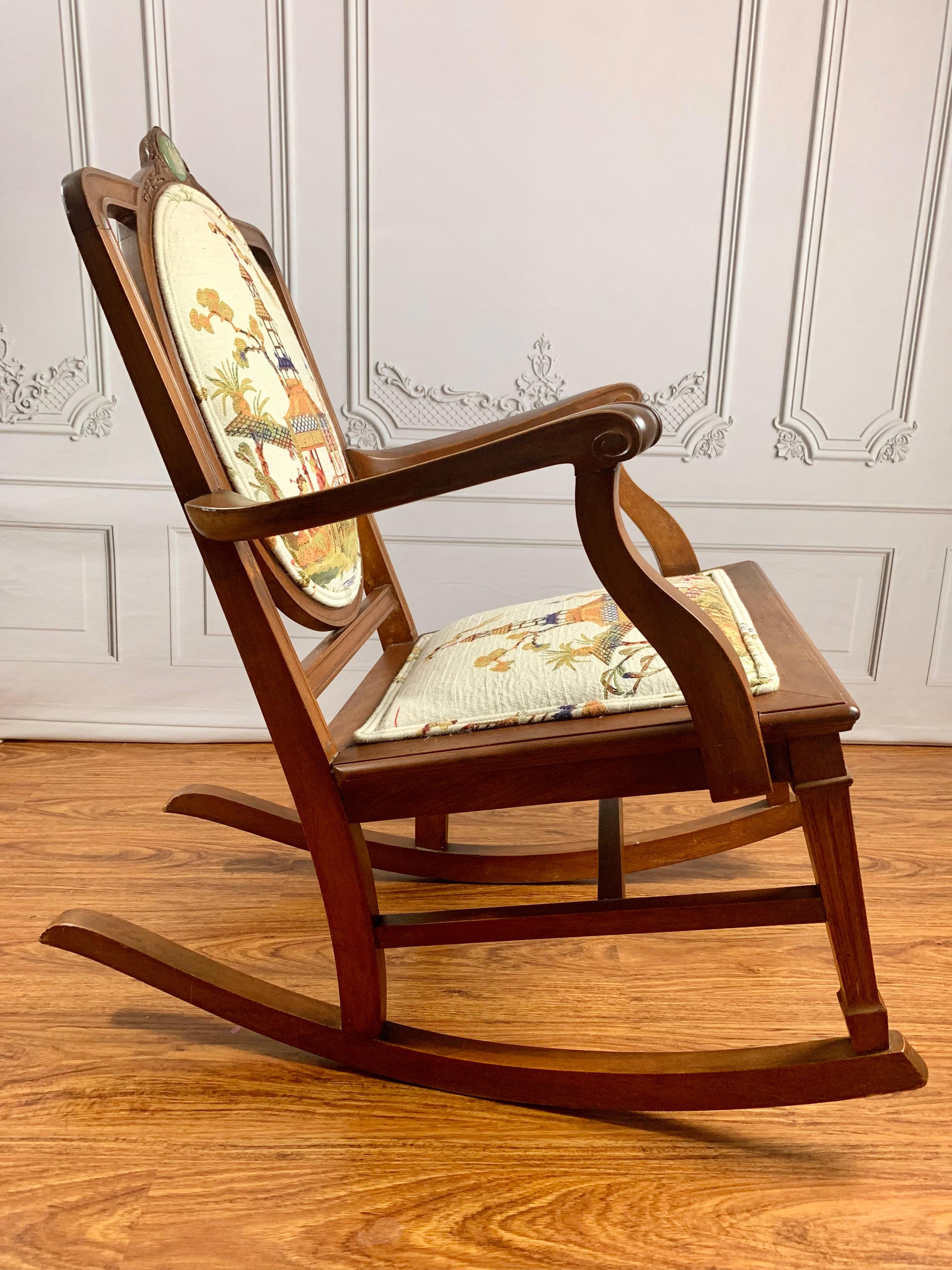 Antique English Chinoiserie Upholstered Rocking Chair w/ Wedgwood Medallion For Sale 1