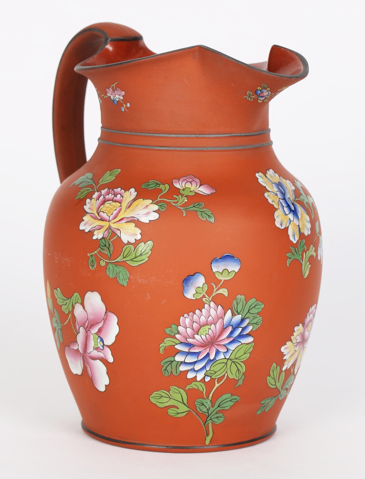 George III Wedgwood Rosso Antico Floral Enameled Terracotta Jug