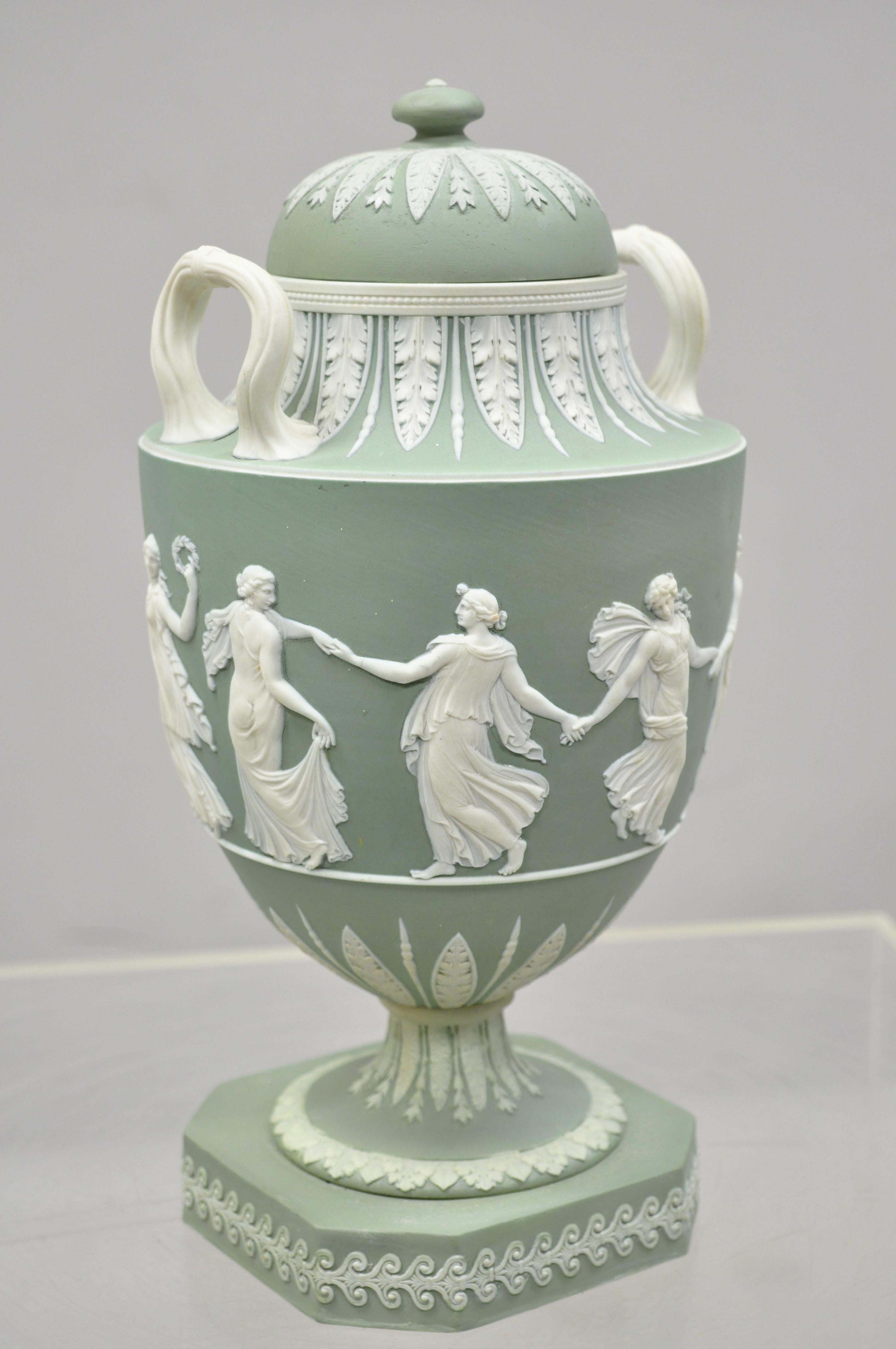 Wedgwood Sage Green Lidded Double Handle Urn Vase with Dancing Figures 4