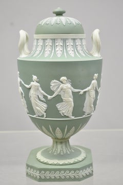 Wedgwood Sage Green Lidded Double Handle Urn Vase with Dancing Figures