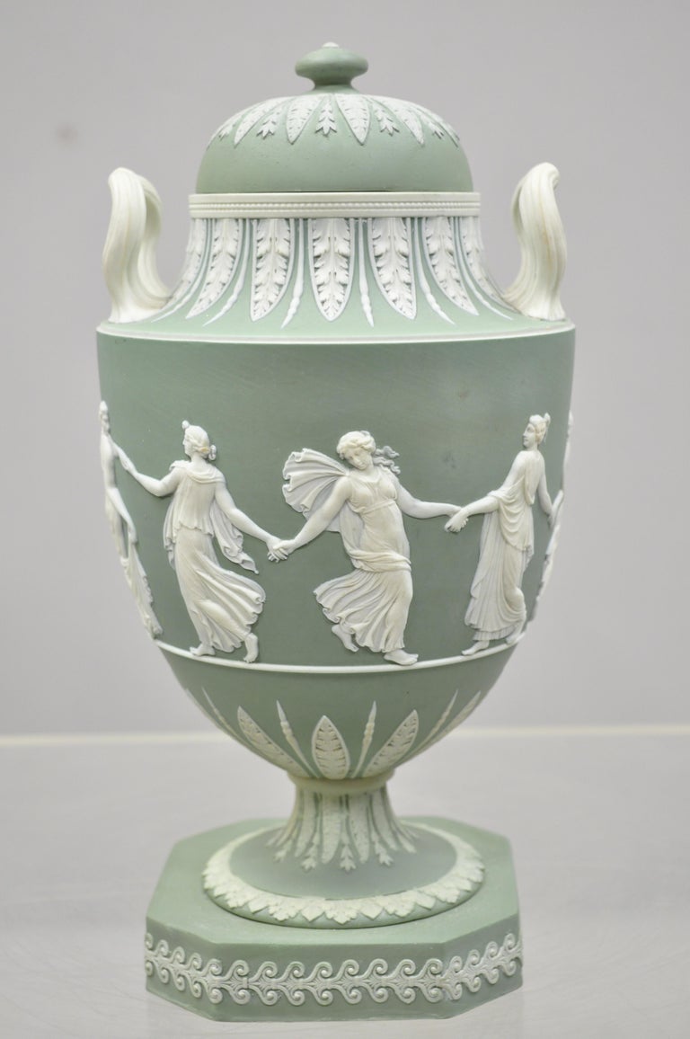 Wedgwood Sage Green Lidded Double Handle Urn Vase with Dancing Figures