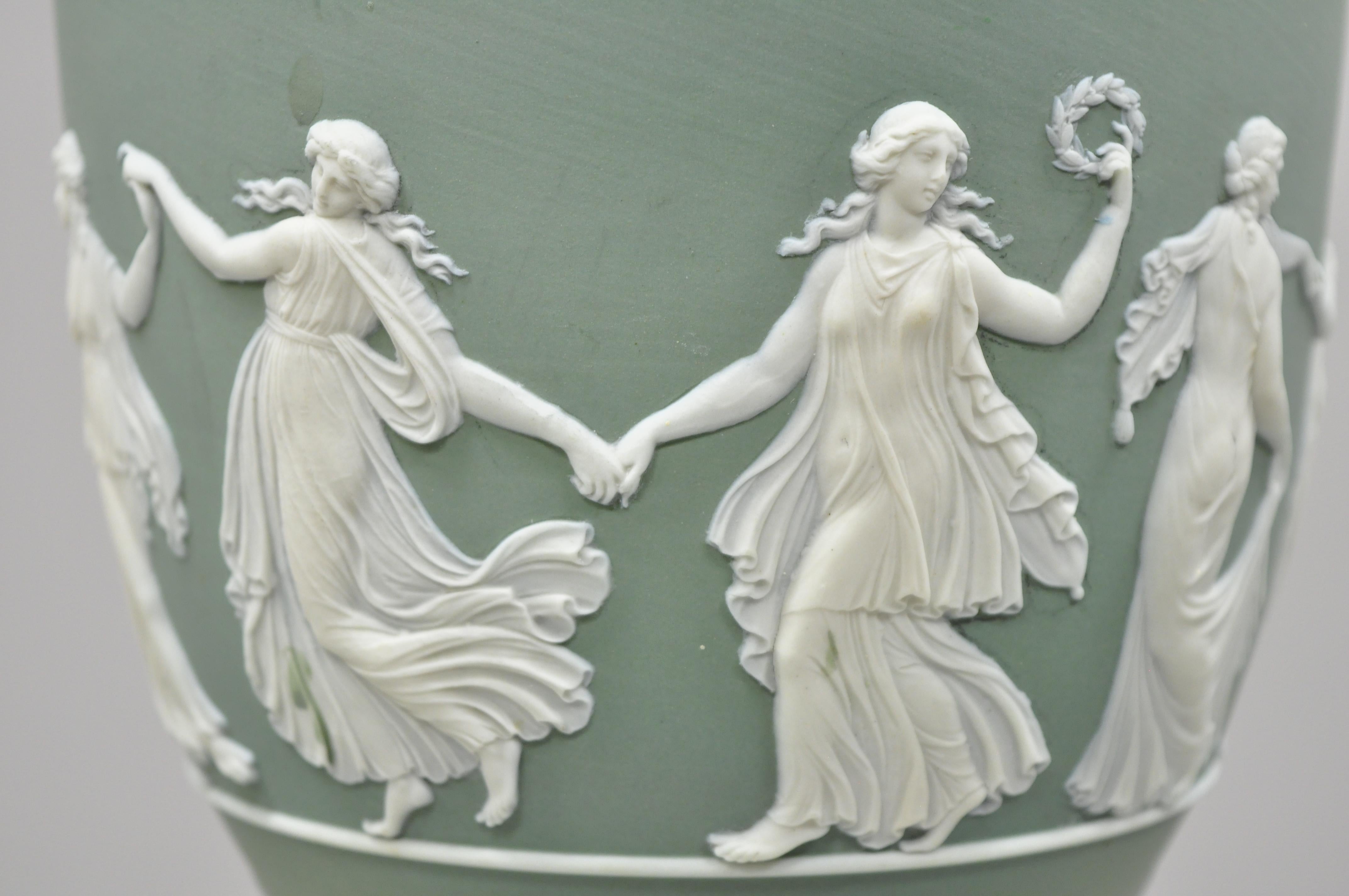 Regency Wedgwood Sage Green Lidded Double Handle Urn Vase with Dancing Figures