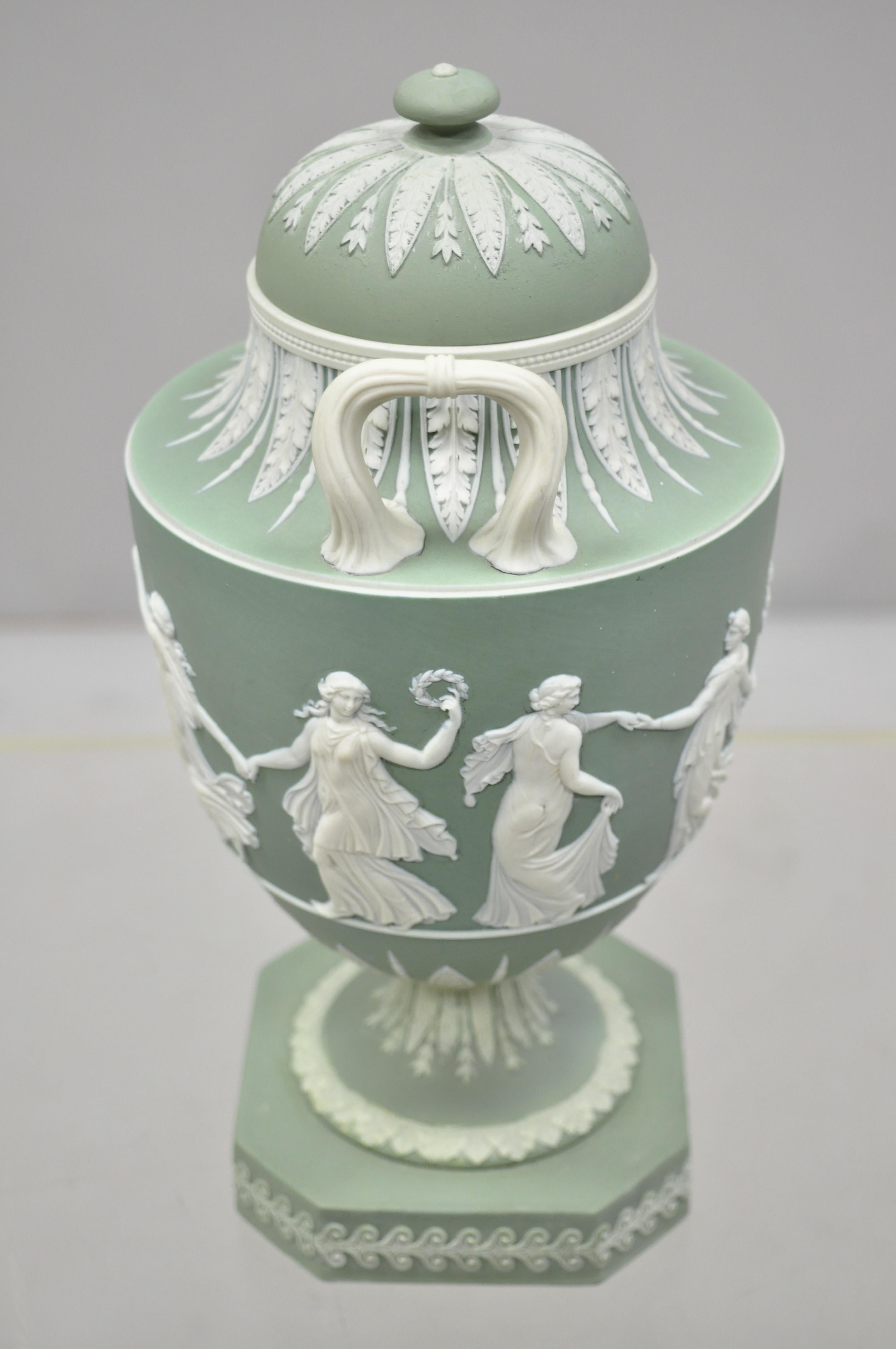 English Wedgwood Sage Green Lidded Double Handle Urn Vase with Dancing Figures