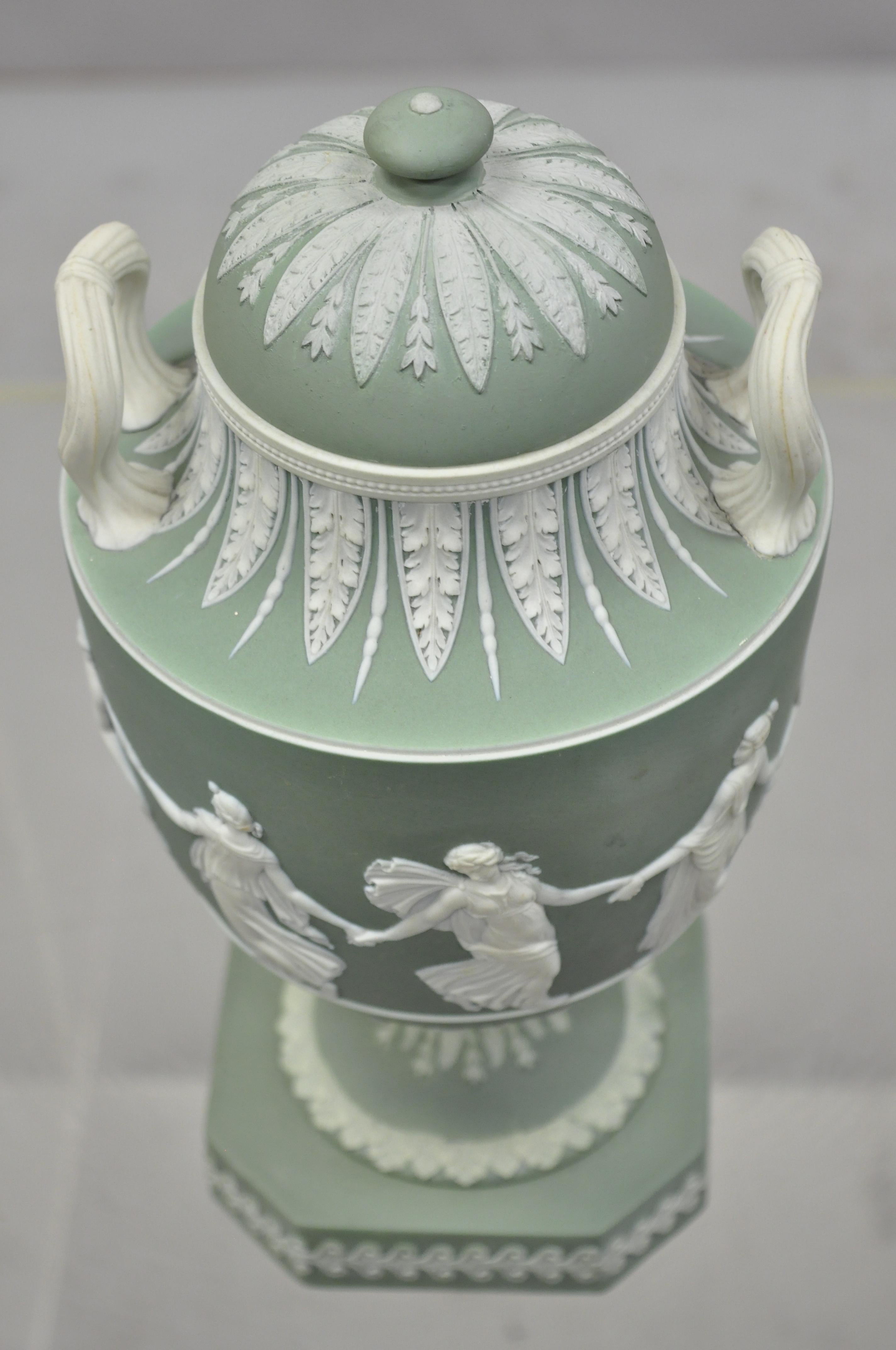Wedgwood Sage Green Lidded Double Handle Urn Vase with Dancing Figures In Good Condition In Philadelphia, PA