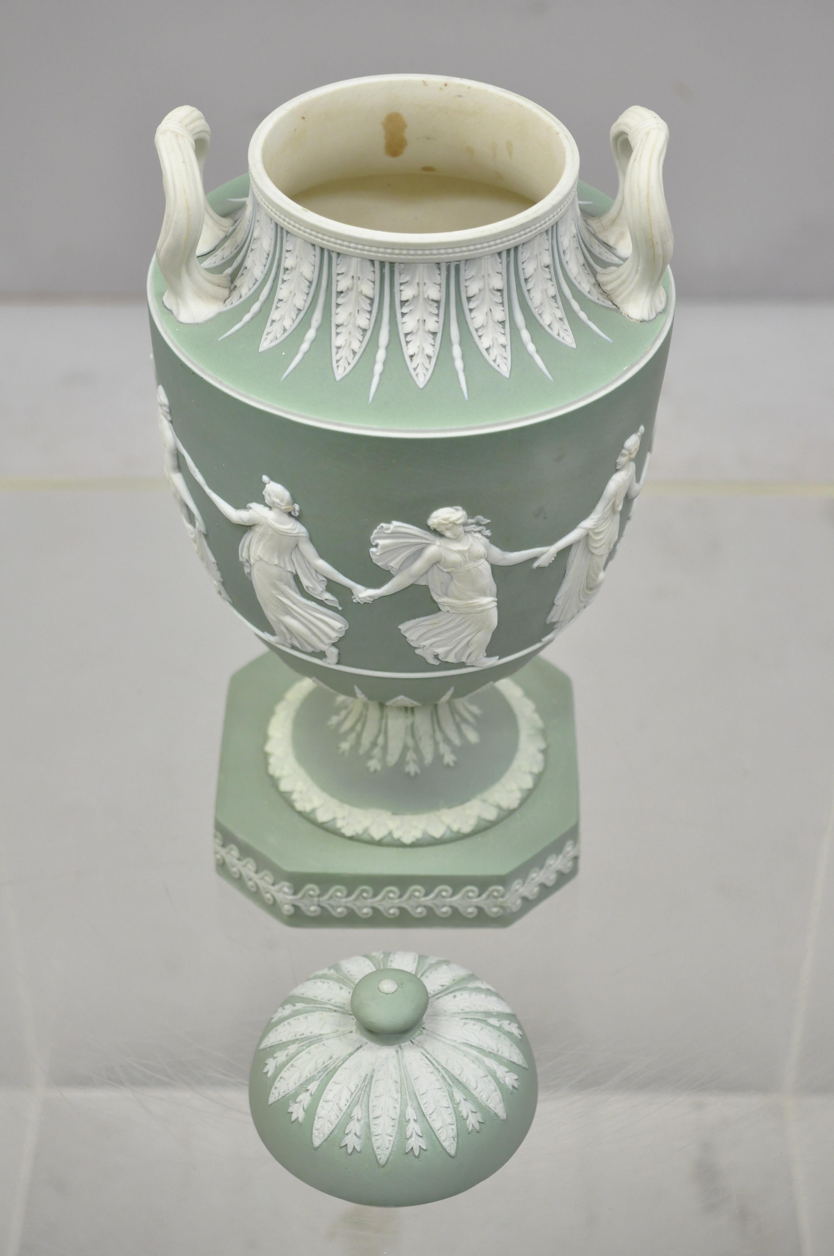 20th Century Wedgwood Sage Green Lidded Double Handle Urn Vase with Dancing Figures