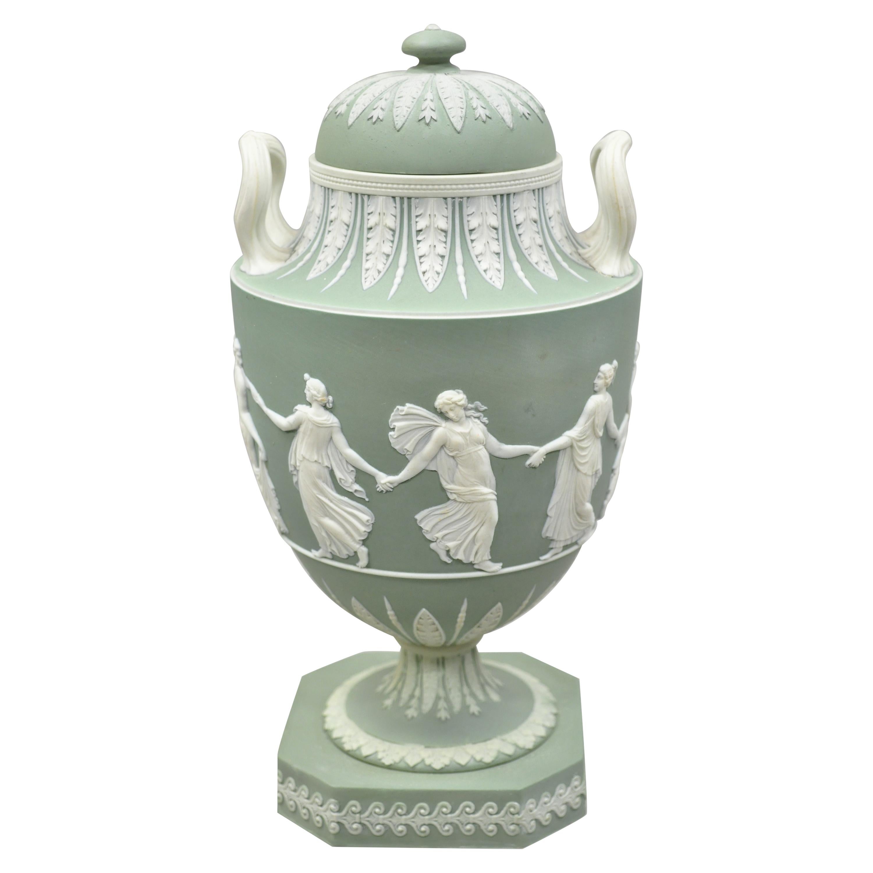 Wedgwood Sage Green Lidded Double Handle Urn Vase with Dancing Figures