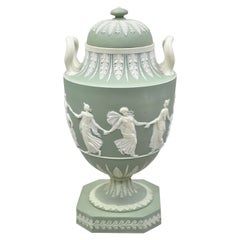 Wedgwood Sage Green Lidded Double Handle Urn Vase with Dancing Figures