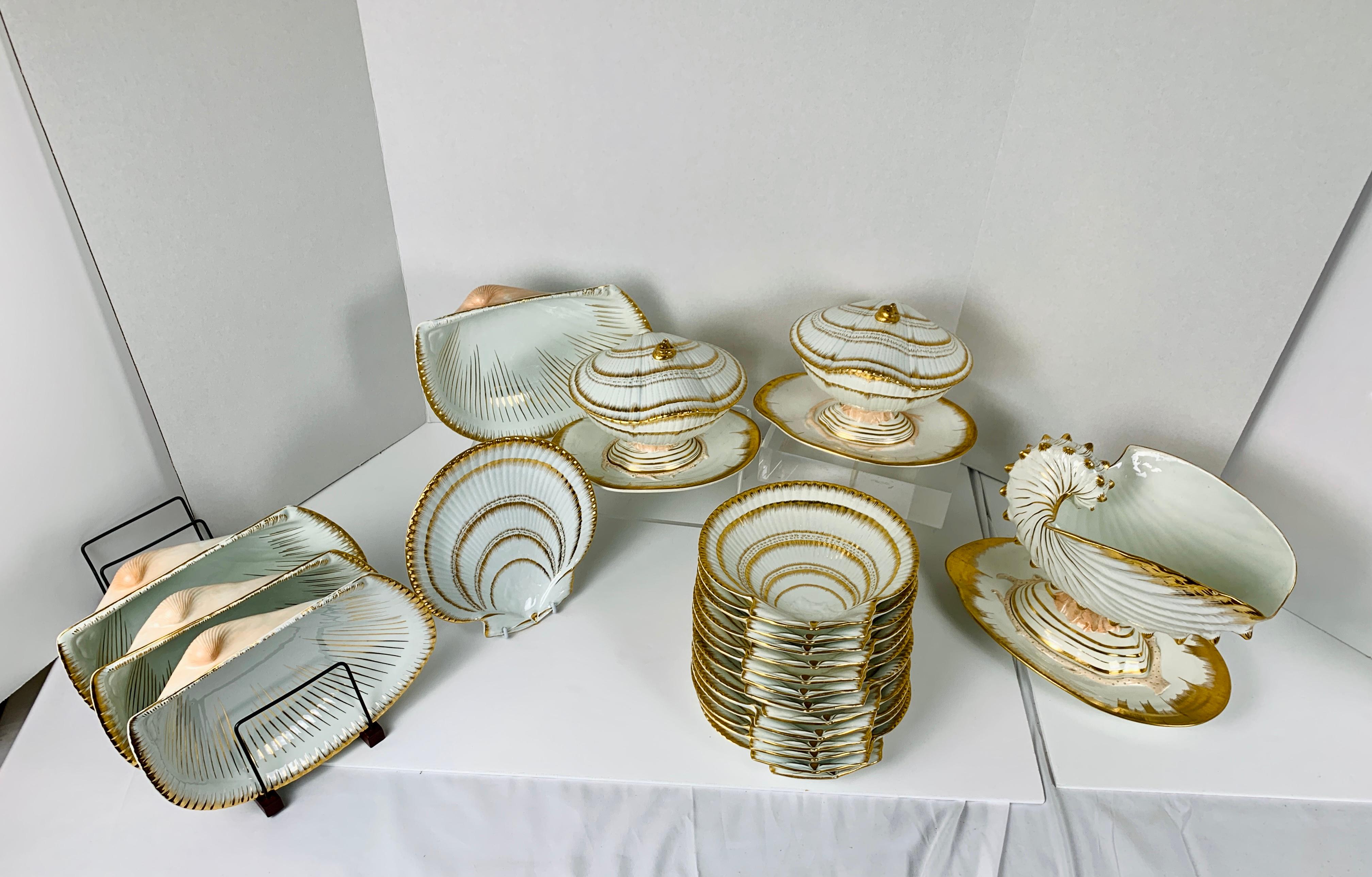 Wedgwood Set with Scallop Shell Shaped Dishes, Clam Shaped Tureens & a Nautilus In Excellent Condition In Katonah, NY