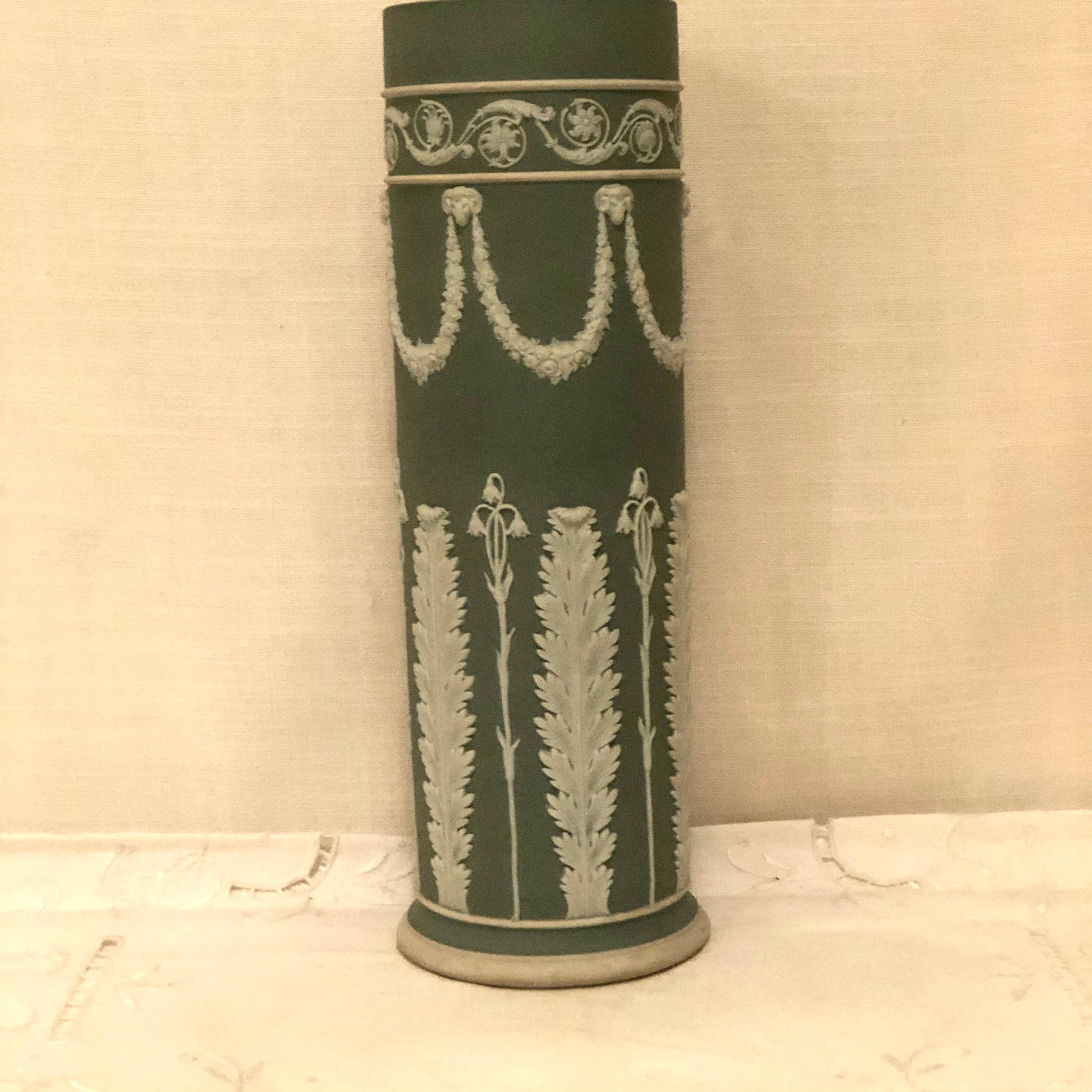 English Wedgwood Tall Green Vase Decorated with Rams Heads and Lilies of the Valley