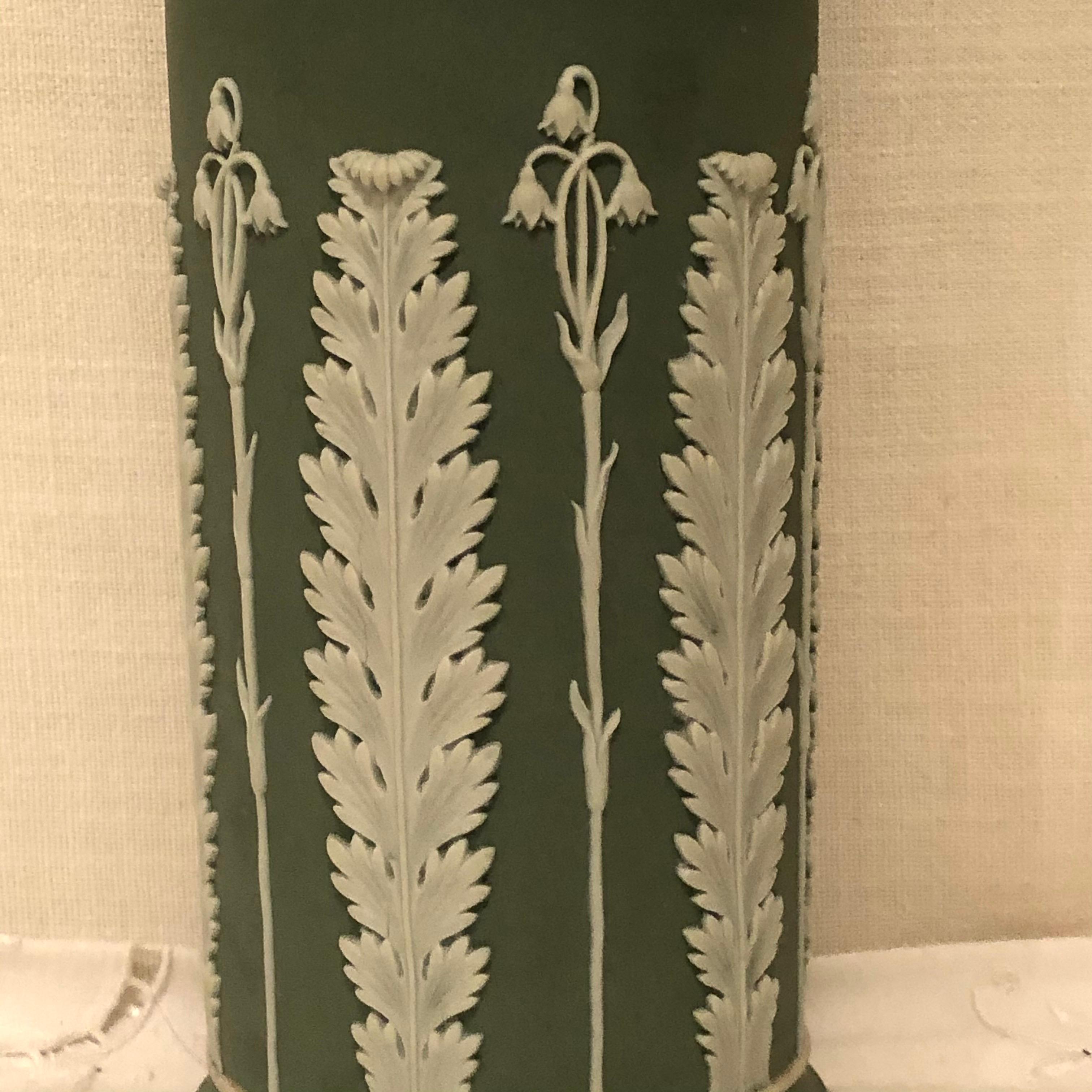 Molded Wedgwood Tall Green Vase Decorated with Rams Heads and Lilies of the Valley