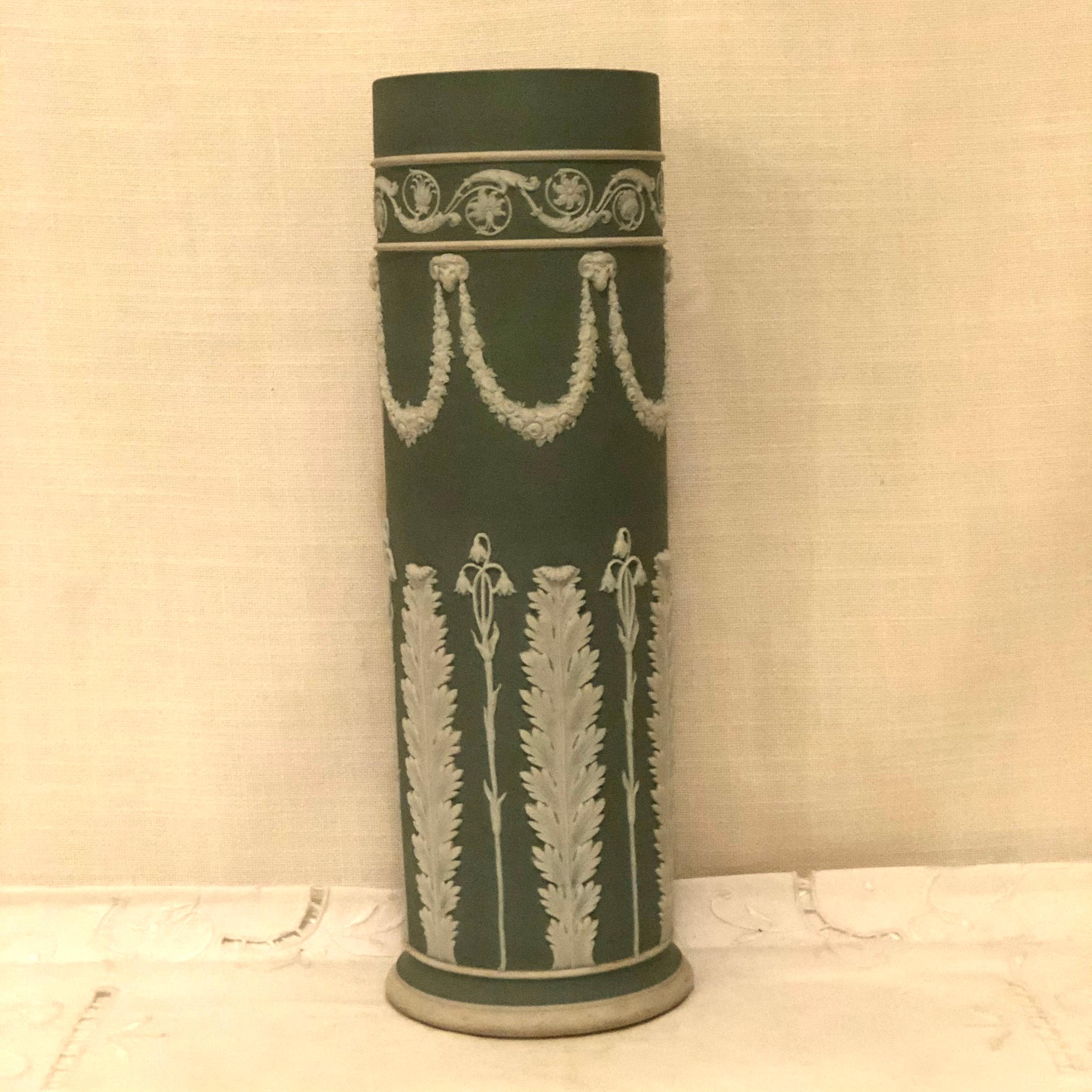 Late 19th Century Wedgwood Tall Green Vase Decorated with Rams Heads and Lilies of the Valley