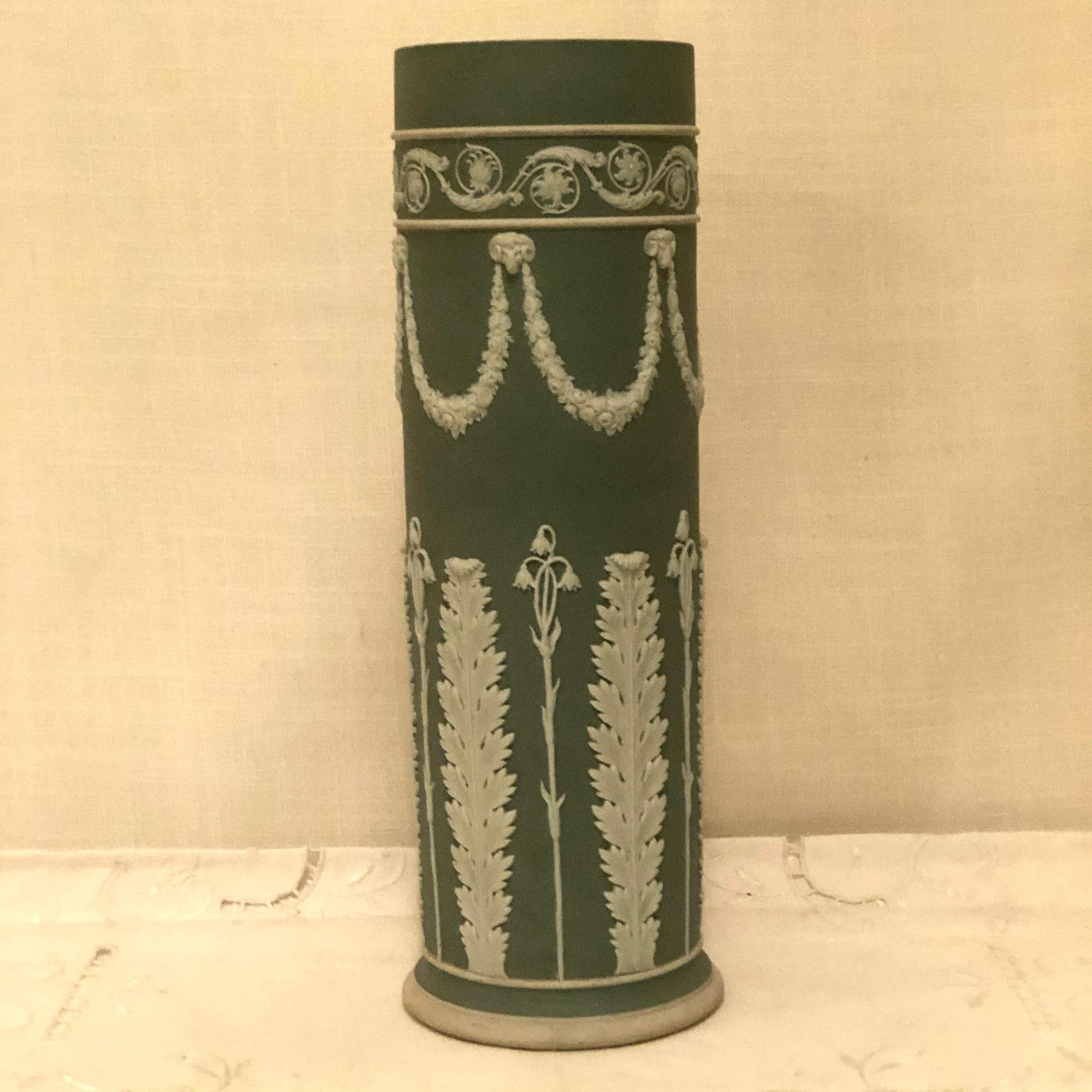 Wedgwood Tall Green Vase Decorated with Rams Heads and Lilies of the Valley 1