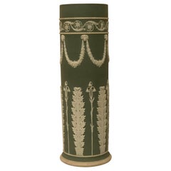 Wedgwood Tall Green Vase Decorated with Rams Heads and Lilies of the Valley