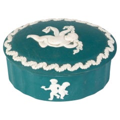 Vintage Wedgwood Turquoise Ground Jasperware Neoclassical Putto Lidded Trinket Box 