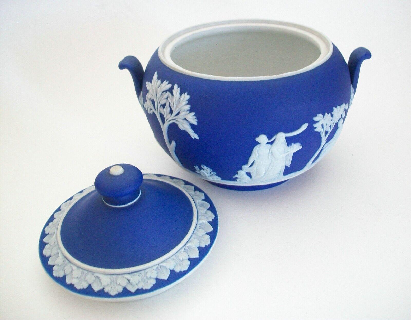Victorian Wedgwood, Vintage Blue & White Jasperware Sugar Bowl, U. K., circa 1950's