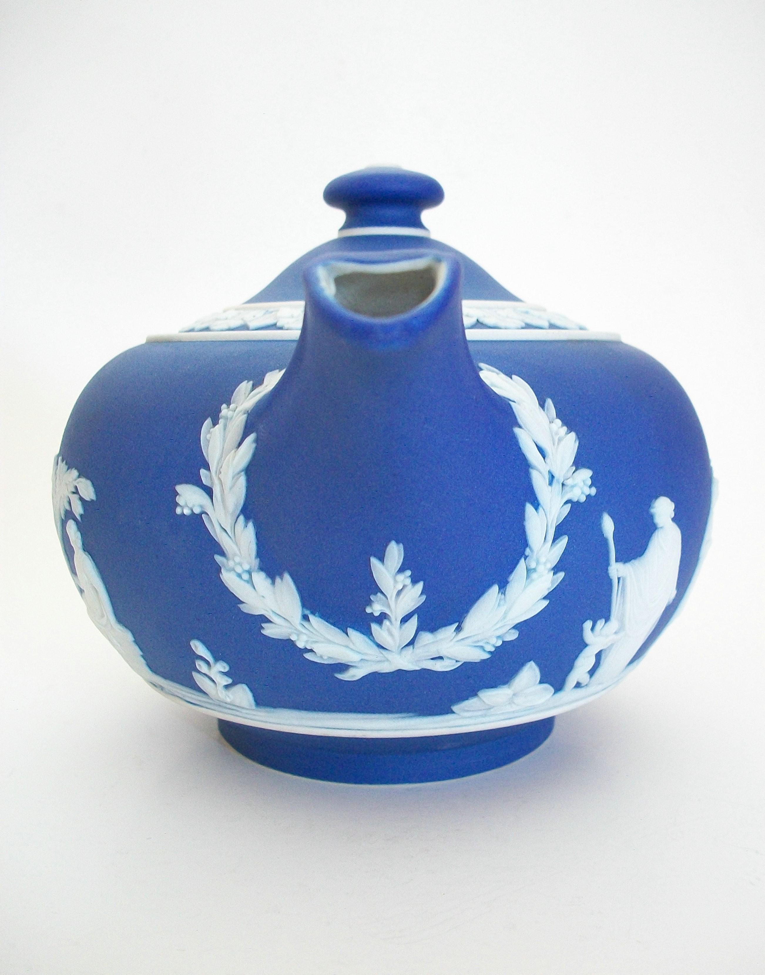 Victorian Wedgwood, Vintage Blue & White Jasperware Teapot, U. K., Circa 1950's
