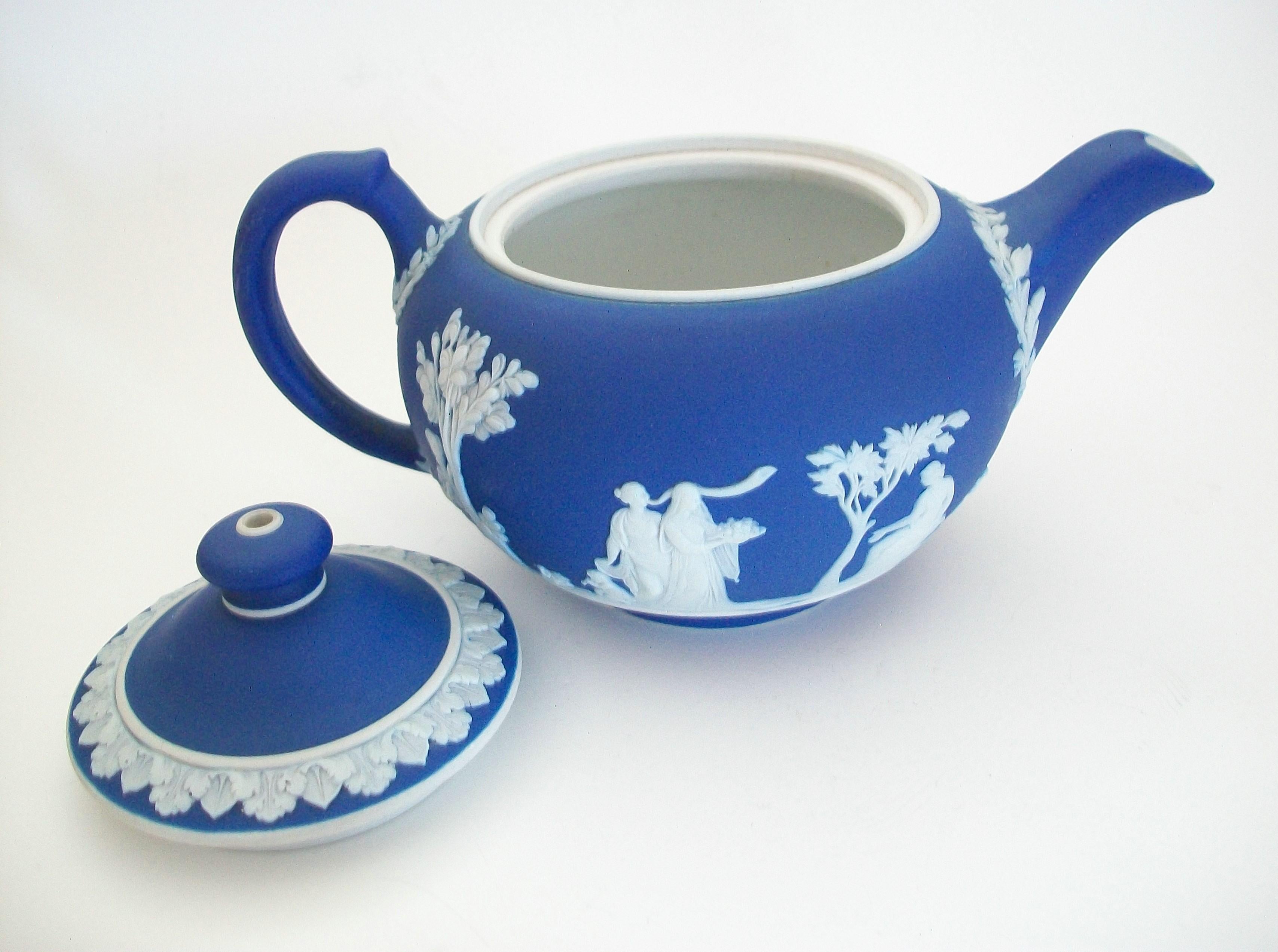 British Wedgwood, Vintage Blue & White Jasperware Teapot, U. K., Circa 1950's
