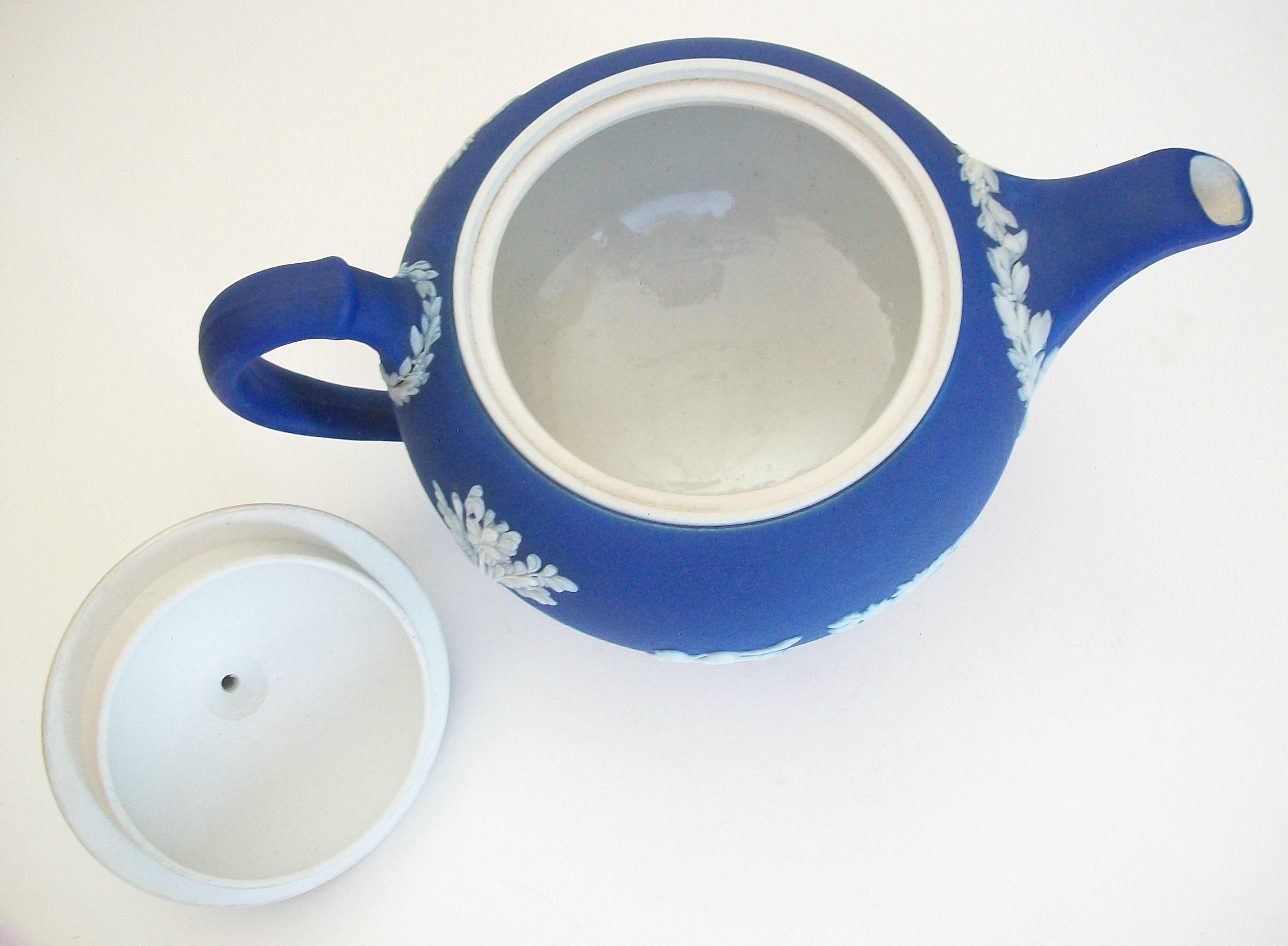 Unglazed Wedgwood, Vintage Blue & White Jasperware Teapot, U. K., Circa 1950's
