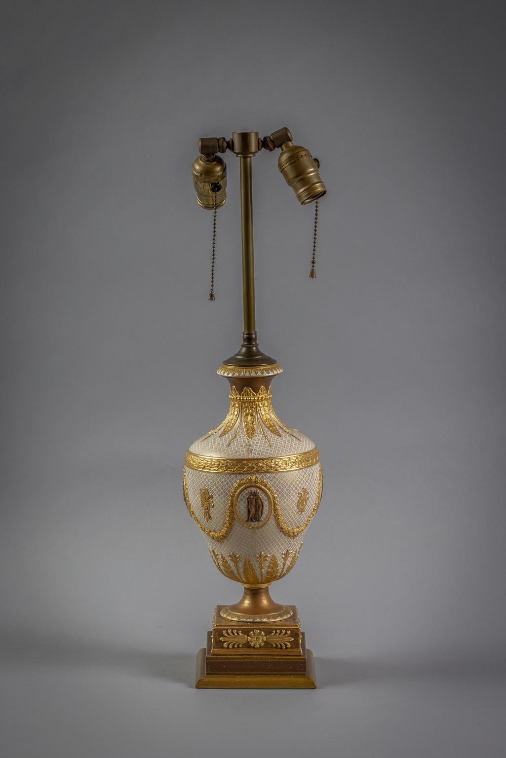 Wedgwood White Porcelain and Gilt Covered Urn Mounted as Lamp, 19th Century For Sale 3